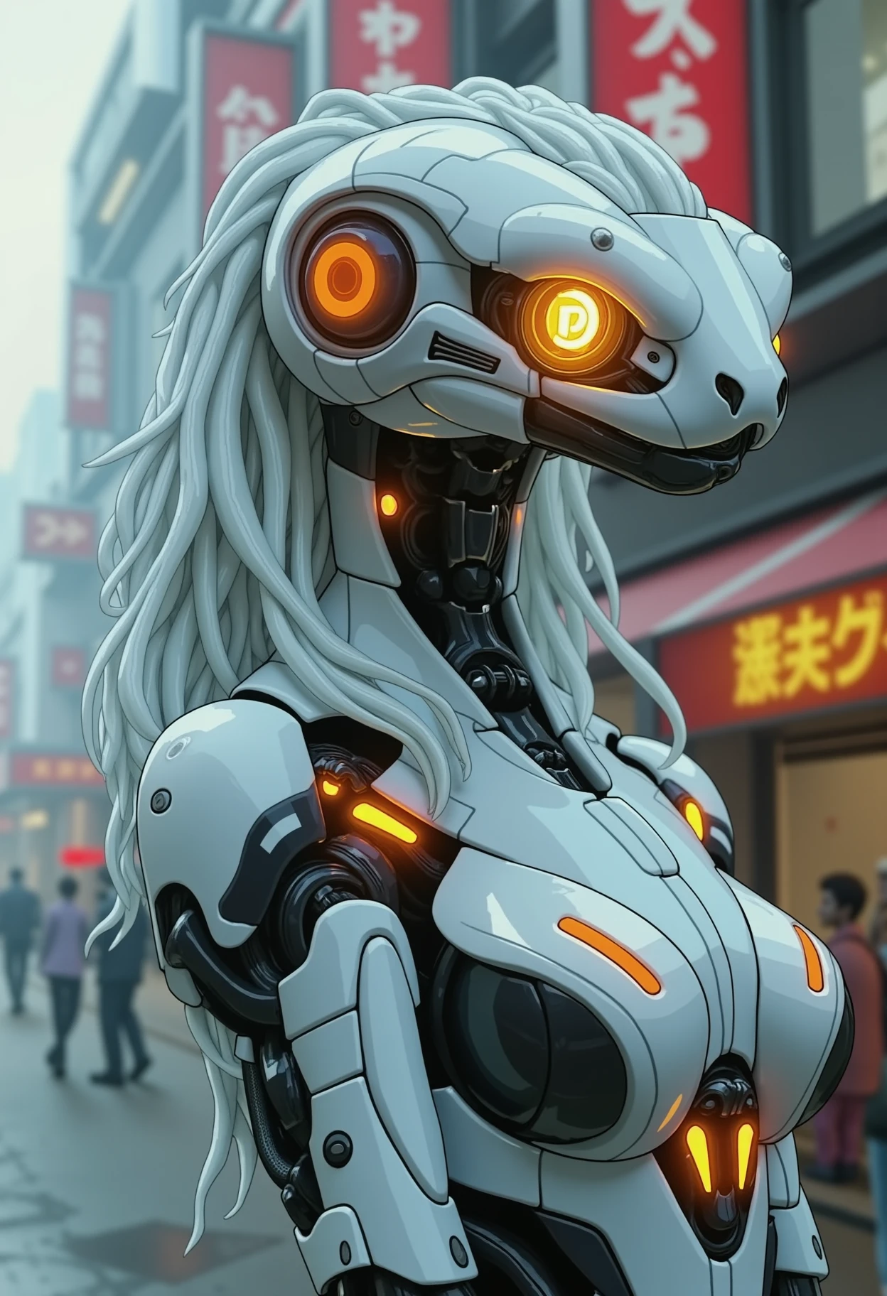 <lora:dvr-sn4k3j4zz-flux-000015:1> sn4k3j4zz, Futuristic snake android, ultra-detailed, hyper-realistic, sleek white armored exoskeleton with glowing orange lights, intricate mechanical joints and black accents, flowing white hair, high-tech cybernetic design, large circular glowing headgear, cyberpunk aesthetic, soft lighting, blurred dystopian urban background, cinematic atmosphere, 8k resolution, highly detailed, science fiction, advanced robotics, futuristic sci-fi setting