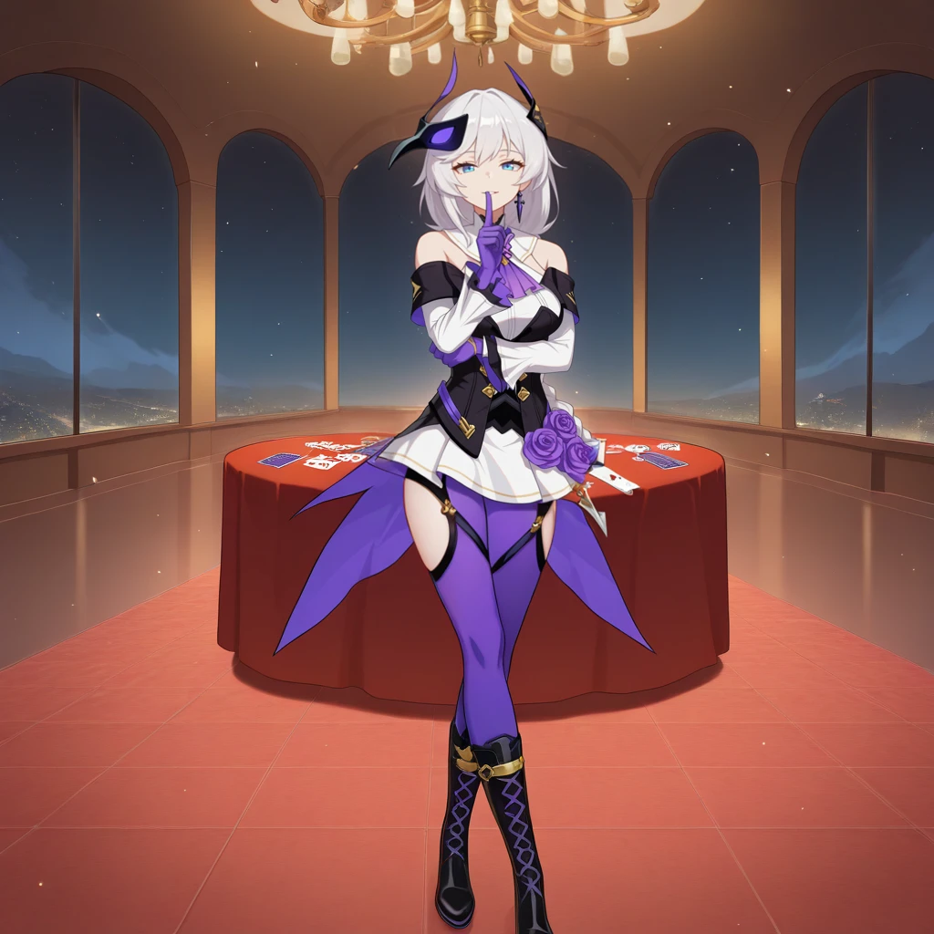 masterpiece, best quality, ultra-detailed, very asthetic, year 2023, very aesthetic, newest, scenery, highres, 4k, absurdres, 8k, colorful,vibrant, glowing, perfect face, 2d, perfect eyes, detailed eyes, 1girl, solo, banquet hall, luxurious interior, long table, food on table, chandelier, indoors, detailed background, night, night sky, night time, starry sky, seductive smile, half-opened mouth, looking at viewer, crossed legs, full body, finger on lips, shushing, half-opened eyes, arm under breasts, standing, KalKas, Fol001, Kk_Sxt, cross-laced footwear, black knee boots, white hair, long hair, braided ponytail, blue eyes, black mask, mask on head, off shoulder, purple ascot, bare shoulders, black off-shoulder shirt, layered clothes, white halter shirt, corset, black corset, purple rose, white gorget, purple pantyhose, thigh cutout, clothing cutout, skirt under skirt, skirt, white skirt, multiple thigh straps, playing card, layered sleeves, white frilled sleeves, black medium sleeves, purple gloves,