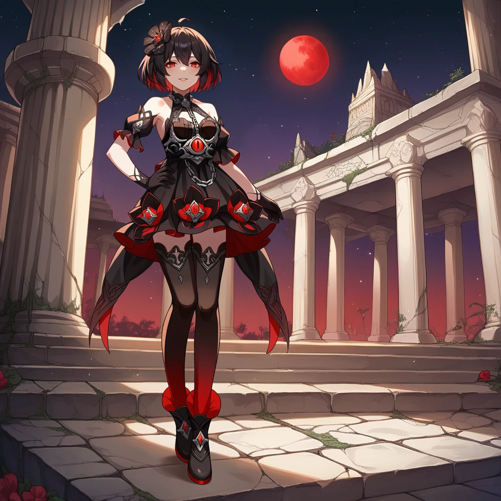 score_9_up, score_8_up, score_7_up, source_anime, 1girl, solo, moon light, red moon, (night sky)++, starry sky, star (sky), dark ruins, detailed background, (night)++, ancient ruins, debris, vines, mountains, catwalk, withered bushes, withered trees, foreshortening, walking towards viewer, vibrant, very aesthetic, from below, from front, hand on hip, raised hand, looking at viewer, full body, evil smile, parted lips, short hair, black ankle boots, detailed background, broken pillar, seele vollerei, SelVel, Fol002, Sel_Sve, black hair, red hair, colored inner hair, alt halter dress, black dress, chain between breasts, chain, lock, keyhole, chain necklace, black halterneck, alt flower-trimmed dress, alt cleavage cutout, eye symbol, center frills, black flower, alt hair flower, black detached sleeves, alt puffy short sleeves, alt asymmetrical gloves, black gloves, gradient thighhighs, black thighhighs, alt bubble skirt, alt black skirt, bare shoulders, alternate corset, alt black corset, alt frilled bra, black bra,