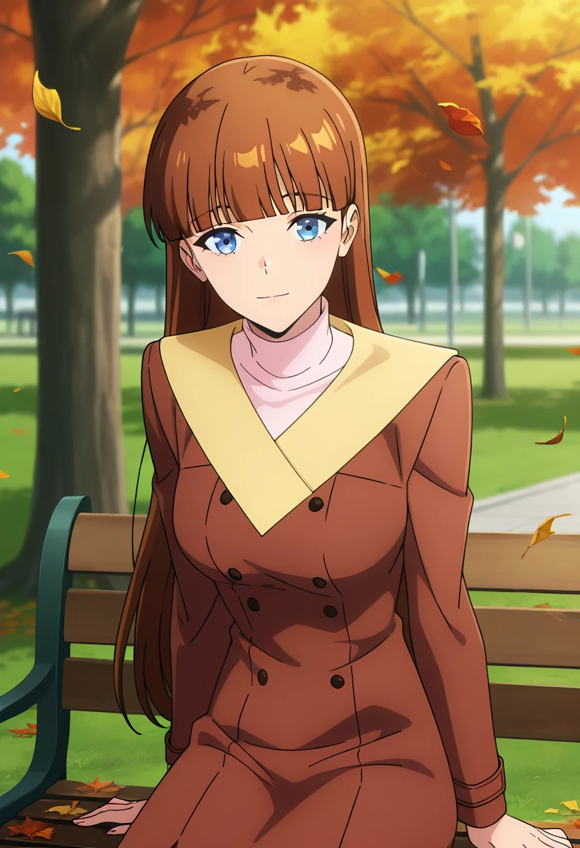 anime screencap, masterpiece, best quality,
<lora:SoloLeveling_LeeJoohee_IlluXL:0.9>,
1girl, solo, closed mouth, light smile,
brown hair, long hair, blue eyes, blunt bangs,
JooHeeCoat, long coat, brown coat, yellow coat, buttons, turtleneck sweater, light pink sweater,
sitting, looking at the viewer, cowboy shot,
outdoors, park bench, grass, tree, day, blurry background, falling leaves, autumn