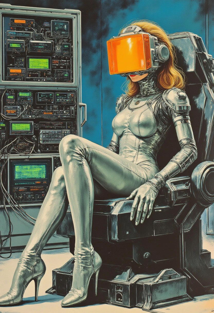 painting of a woman in a shiny suit sitting on a diffuse car, hajime sorayama style, glossy painting, chrome reflect, chrome art, in style of syd mead, chrome reflections, portrait of daft punk, inspired by Cornelisz Hendriksz Vroom, sitting on cyberpunk motorbike, style of hajime sorayama, "vibrant and bold pop art with high contrast colors, dynamic composition, and exaggerated details"