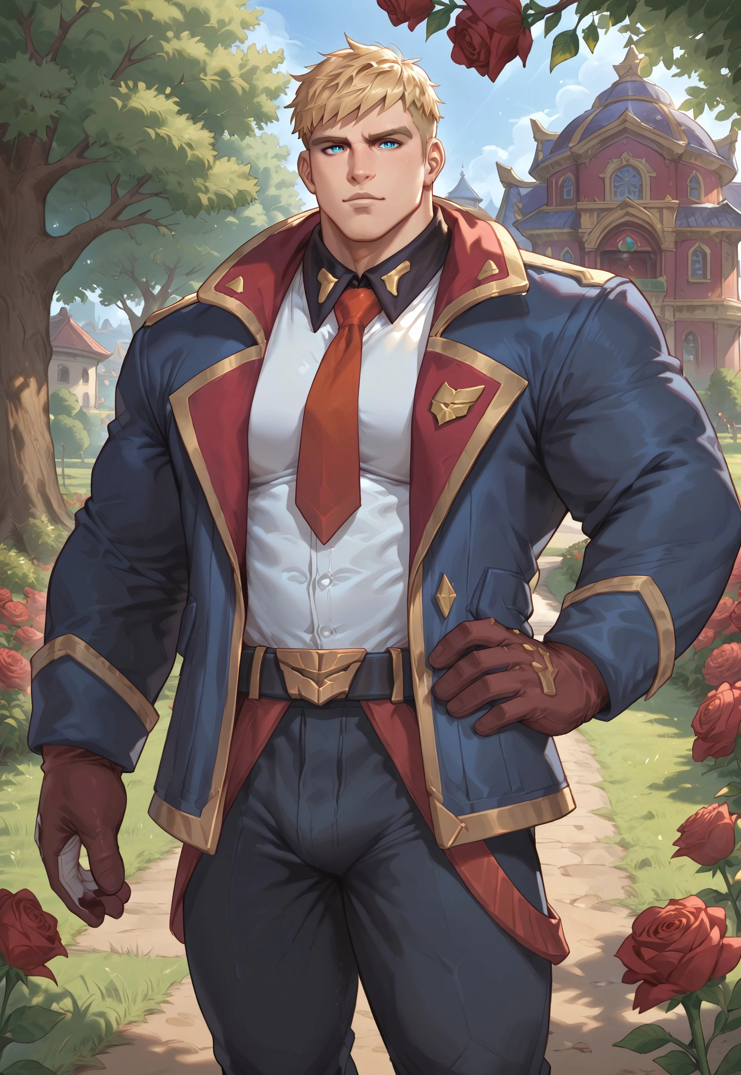 battle academia garen, score_9, score_8_up, score_7_up, best quality, male focus, 1boy, solo, bara, muscular, mature male, masculine, big arms, chubby, manly, blonde hair, blue eyes, short hair, pale skin, jacket, gloves, white shirt, red necktie, pants, fully clothed, looking at viewer, dynamic perspective, one hand on hip, flirty, cowboy shot, fantasy scenery, blowing wind, grassy, gorgeous meadow, tree branches, red roses, academy, garden, high resolution, amazing lighting
