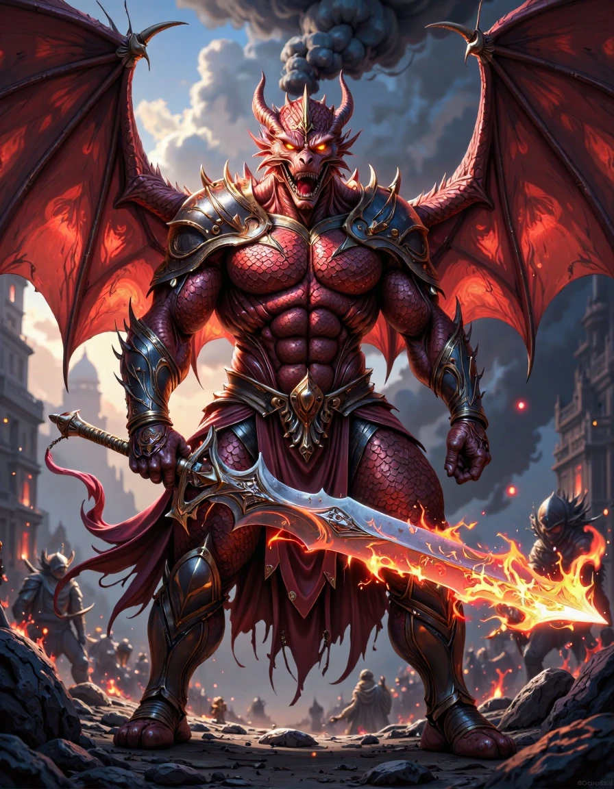 A powerful dragonborn warrior in battle stance. Scales glisten in shades of crimson and gold. Heavy plate armor with draconic motifs. Wielding a massive greatsword wreathed in flames. Steam escapes from nostrils, eyes blaze with inner fire. Background of a war-torn battlefield. Dynamic pose, dramatic lighting, hyper-detailed textures.