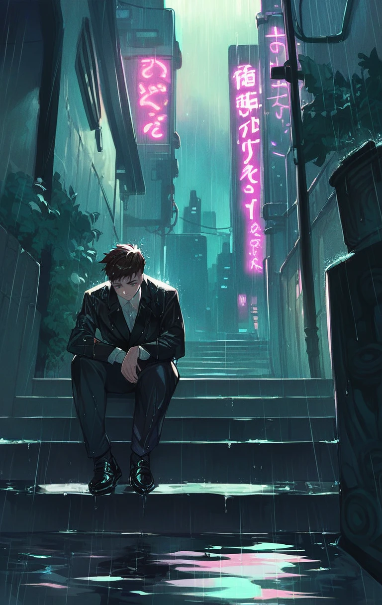 score_9, score_8_up, score_7_up, 1boy, solo, sitting on the stone stairs, wet clothes, wet, puddles, rain, looking down, brown hair, suit, black shoes, outdoors, night, cyberpunk, alley, neon lights, reflective floor, ripples <lora:cutlic:1>