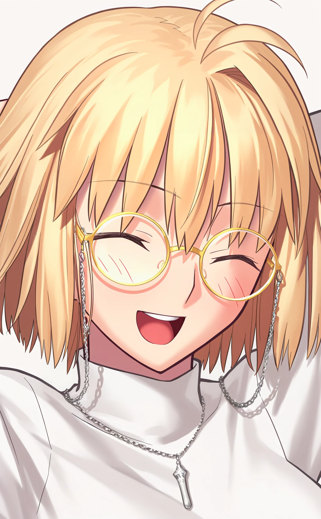 el3gymaster, arcueid brunestud, 1girl, blonde hair, solo, close-up, portrait, upper body, glasses, short hair, smile, single hair intake, closed eyes, open mouth, turtleneck, white sweater, blush, long sleeves, sweater, antenna hair, jewelry, turtleneck sweater, chain, round eyewear, arm behind head, simple background, teeth, eyewear strap, yellow-framed eyewear, white background, necklace, upper teeth only, transparent background, ^ ^