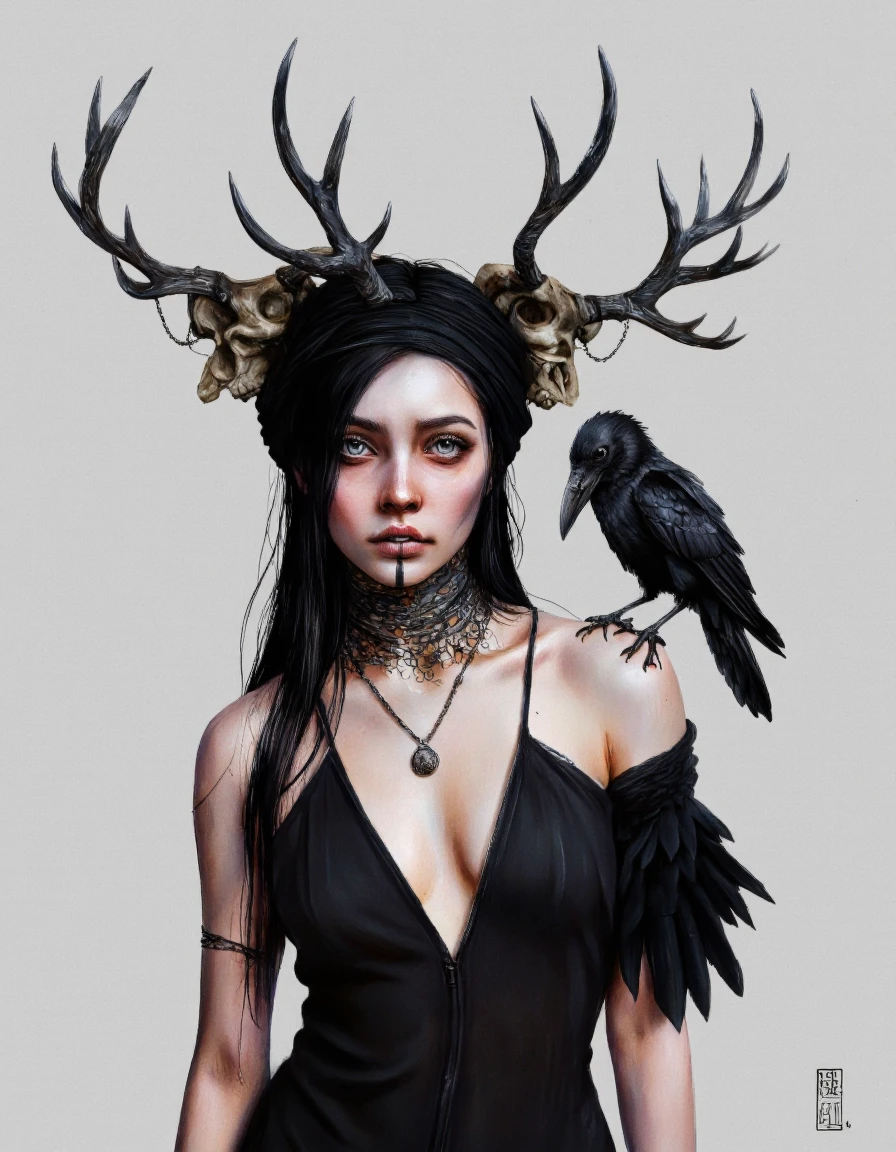 By Laura H. Rubin. A digital illustration shoot from a frontal camera angle about a mysterious woman with antlers and a raven perched on her shoulder. the image also shows a dark, gothic aesthetic. on the middle of the image, a 1woman, who appears to be in her early twenties, with pale skin, long black hair, and a serious expression, is standing with her upper body facing the viewer. she has a slim body and is wearing a black outfit with a plunging neckline, revealing her cleavage. her hair is styled in long hair and is adorned with black antlers on her head. she is also wearing a headscarf and has a necklace around her neck. on her right shoulder, a black raven with a skull-like beak sits on her arm. the background is a plain, light grey color, and the image has a watermark in the bottom right corner. <lora:Laura_H._Rubin_II:0.8>