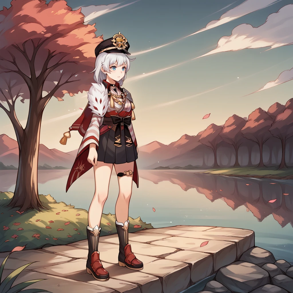 score_9_up, score_8_up, score_7_up, source_anime, 1girl, solo, , detailed background, evening, sun, sky, clouds, standing on bridge, looking to side, parted lips, full body, trees, forest, river, river bank, pebbles, rocks, bushes, flowers, outdoors, petals, pink trees, sakura trees, breeze, wind, KalKas, black boots, Fol002, Kk_JP, white hair, long hair, braided ponytail, blue eyes, japanese clothes, aiguillette, striped shirt, o-ring, black choker, strap between breasts, collared capelet, black capelet, yellow tassel, red tassel, single pauldron, shoulder armor, fur on shoulder, striped sleeves, wide sleeves, flower thigh strap, pleated skirt, black skirt, black bow, red sash, brown belt, black headwear, military hat, peaked cap,