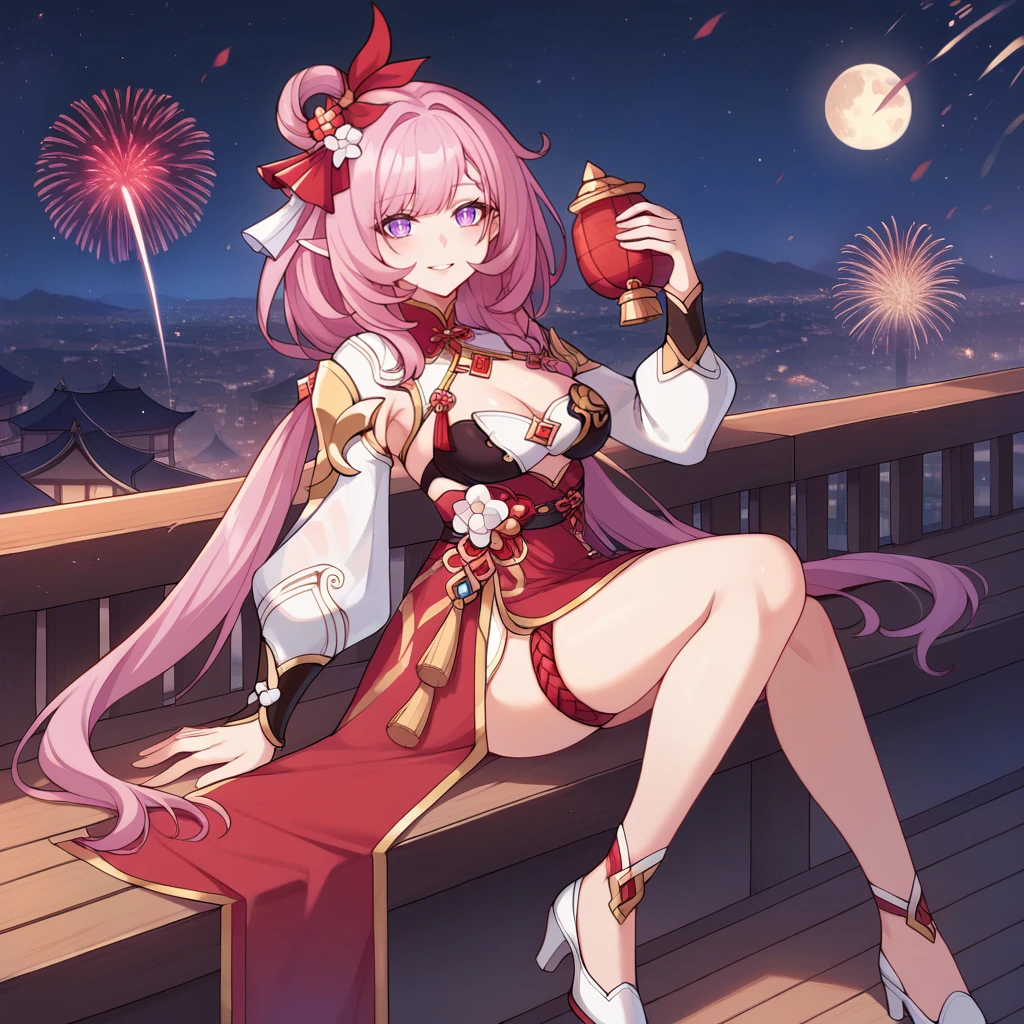 score_9_up, score_8_up, score_7_up, source_anime, 1girl, solo, moon, Chinese architecture, sitting on roof, full body, looking at you, fireworks, holding Chinese lantern, starry sky, legs together, head tilt, gentle smile, white high heels, elysia (honkai impact), Elys, Fol002, Ely_CN, long hair, braid, pink hair, pointy ears, purple eyes, hair ring, low twintails, white streaked hair, see-through sleeves, puffy sleeves, alt shrug (clothing), white shrug, underskirt, multicolored dress, red dress, halter dress, cleavage, hair flower, red thigh strap, black bra, red skirt, black belt, chinese clothes, black wrist cuffs, armpit cutout, gold tassel, red collar,