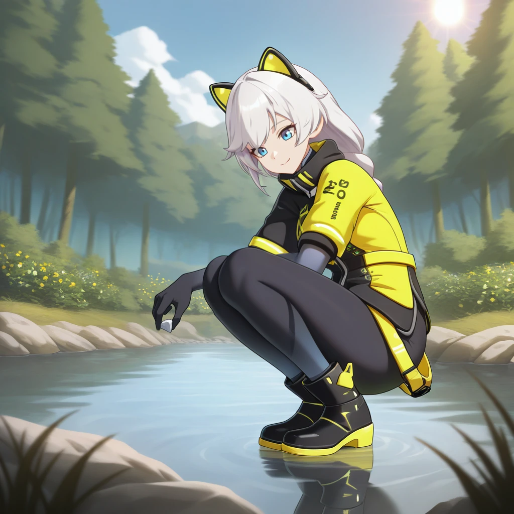 masterpiece, best quality, ultra-detailed, very asthetic, year 2023, very aesthetic, newest, scenery, highres, 4k, absurdres, 8k, colorful,vibrant, glowing, perfect face, 2d, perfect eyes, detailed eyes, 1girl, solo, trees, forest, river, river bank, pebbles, rocks, bushes, flowers, outdoors, detailed background, day, sun, sky, clouds, holding pebble, hand on hip, squatting, knees together, looking at viewer, from side, angled shot, mischievous smile, closed mouth,
KalKas, Fol001, Kk_Swf, black ankle boots, white hair, long hair, braided ponytail, blue eyes, cat ears, yellow belt, loose belt, black jacket, jacket, high collar, yellow trim, yellow short sleeves, black long gloves, bodysuit, jewelry, clothing writing, leggings, masterpiece, best quality, ultra-detailed, very aesthetic, newest, scenery, absurdres, perfect anatomy, perfect legs, perfect face, perfect eyes,