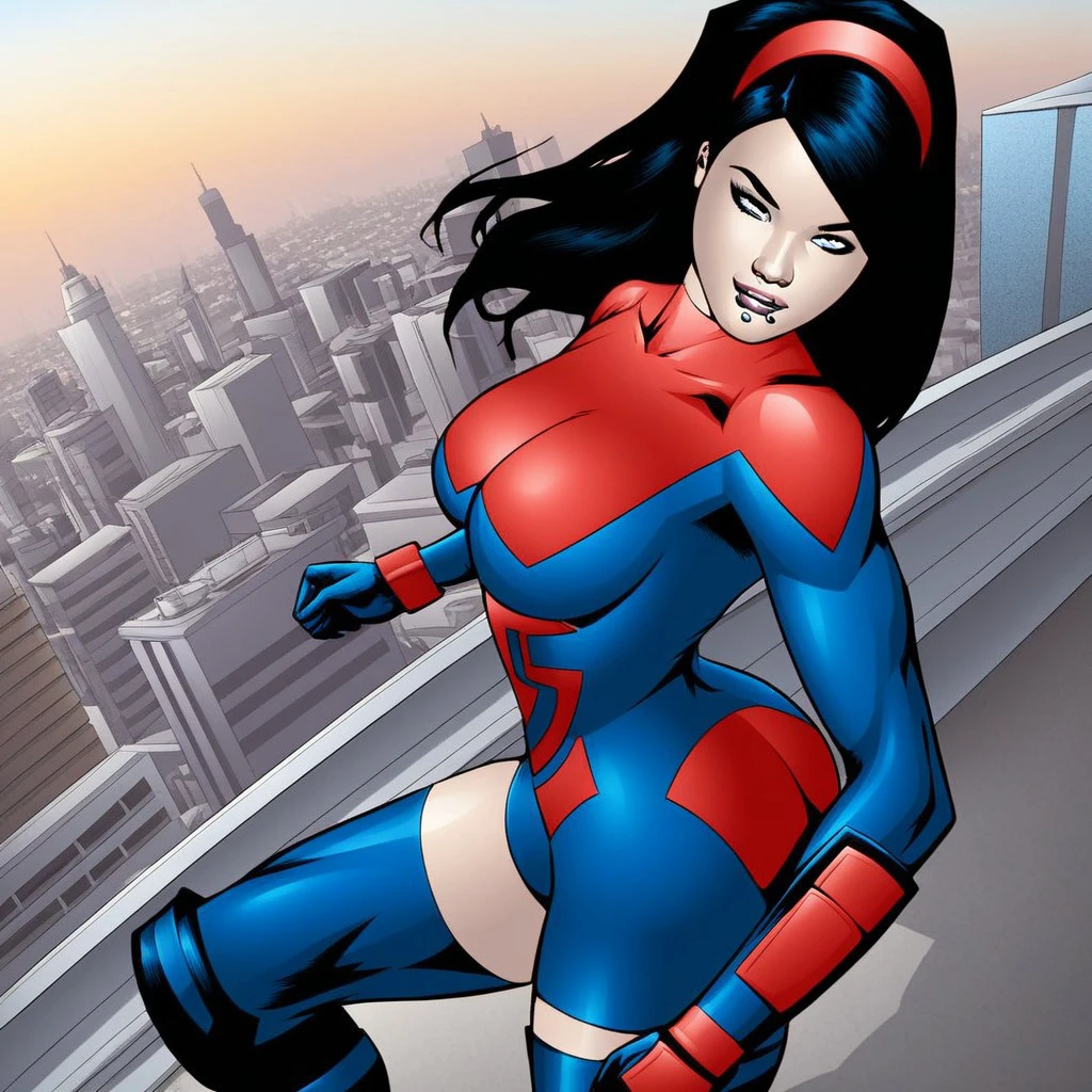 1girl, sexy pose, cheerful, posing for cameras, hands on hips, Stretcher the busty comic book woman, happy, smiling, stretching, hand on hip, long hair, huge ponytail, slim, thin, athletic, womanly, rubbery, elastic woman, white and red spandex, rubber body, brunette, ((huge breasts)), city, heroic, cheerful, (bold nose, hawkish features), (journalists in background),
