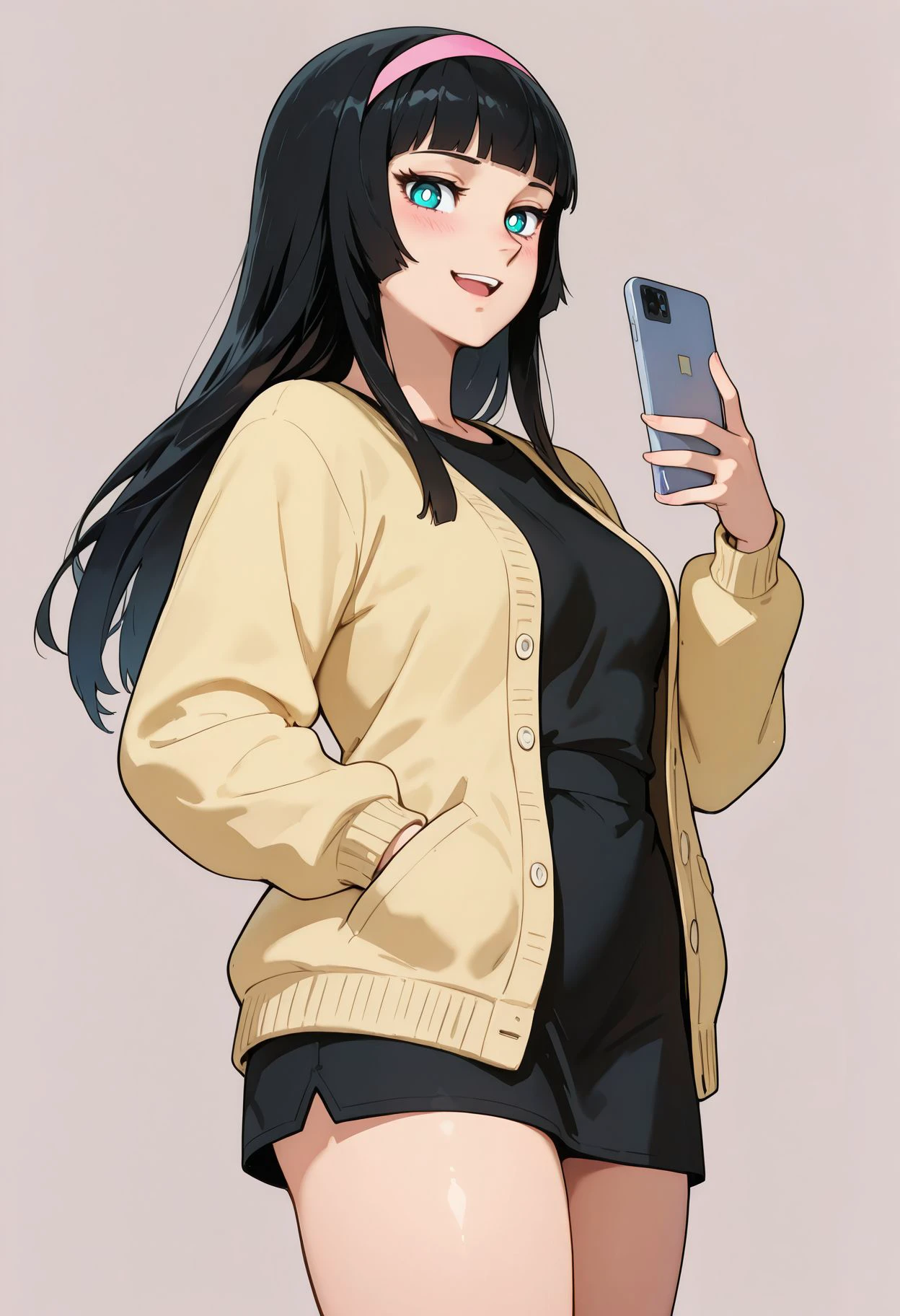 Anime girl with black hair and blue eyes holding a cell phone - SeaArt AI
