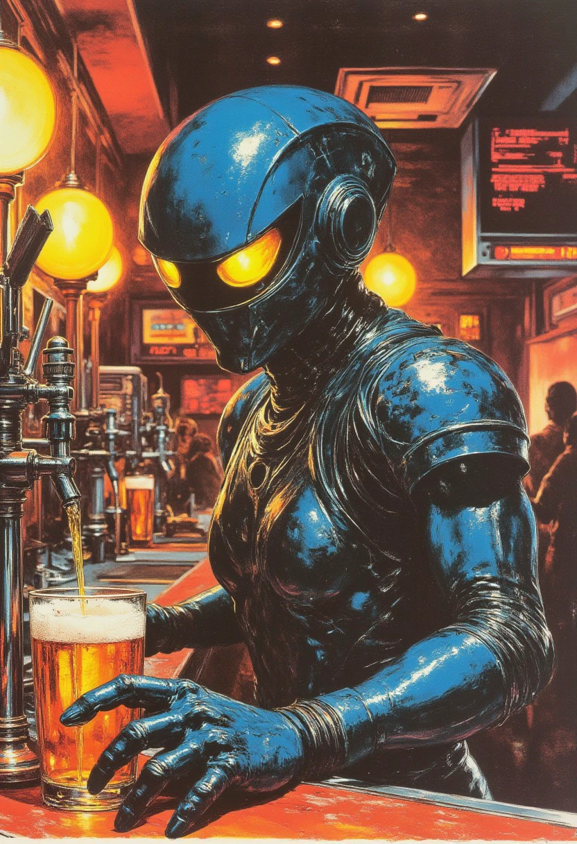 80s vintage pulp sci-fi magazine cover of an android bartending serving a beer at a diner