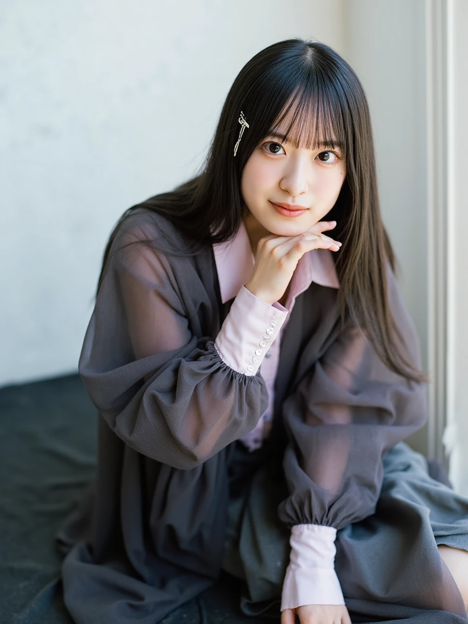 Facial close-up, a sharp focus 35mm photo of a young woman named yuchan, likely in her late s or early twenties, with a delicate and ethereal appearance. She has straight, long dark hair and bangs that falls past her shoulders, adorned with a small, silver hair clip on the left side. Her skin is fair and smooth, with a subtle, natural makeup look that enhances her youthful features. She has large, expressive brown eyes and a calm, slightly inquisitive expression.
She is dressed in a semi-sheer, dark grey blouse with a subtle pinkish hue underneath, layered over a light pink shirt. The blouse has a slightly loose, flowing fit, giving it a soft and airy texture. She is also wearing a dark grey skirt that appears to be made of a smooth, possibly satin-like material, adding a touch of elegance to her outfit.
The background is a minimalist, softly lit room with a white wall that has a faint, textured pattern. The lighting is diffused, creating a soft, almost dreamy atmosphere. She is positioned in a kneeling pose, leaning slightly forward with right hand is on the floor, which is covered with a dark, possibly black, fabric that adds to the overall muted and subdued color palette of the image.
