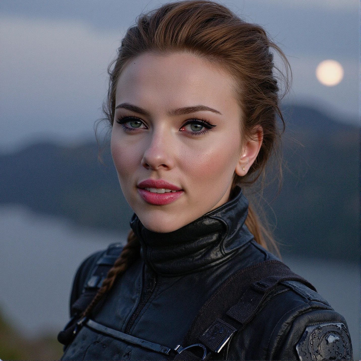 Breathtaking medium shot photography of ohwx woman, as Black Widow, wearing a black tactical combat suit, beneath the embrace of the celestial tapestry,A network of fjords cuts deep into the rugged coastline,Starry sky with a full moon,soft lighting, upper body shot, smile, (upper body framing:1.3), sensual lips, eyelashes, fine hair detail, perfect eyes, iris pattern, eyes makeup, (perfectly sharp:1.3), (head to shoulders composition:1.4), realistic textures, (deep focus:1.1), negative space around subject, 8k uhd, dslr, ultra high quality image, film grain, Fujifilm XT3