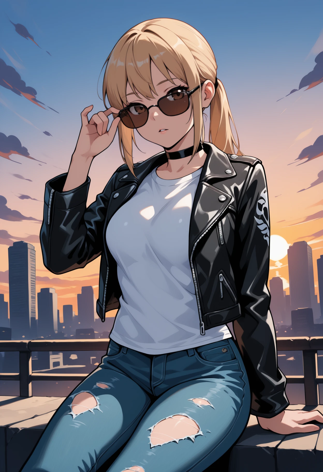 masterpiece, best quality, solo, 1girl, wgynj, parted lips, looking at viewer, sitting, arm support, hand on eyewear, long hair, blonde hair, ponytail, brown eyes, sunglasses, black jacket, leather jacket, open jacket, long sleeves, white shirt, t-shirt, torn jeans, black choker, outdoors, sunset, cloud, cityscape
<segment:yolo-face_yolov8m.pt,0.4,0.5//cid=1>