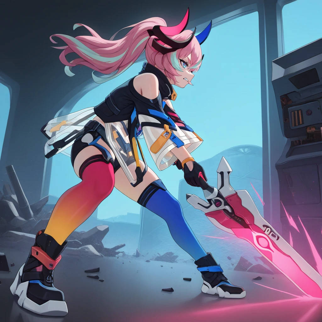 masterpiece, best quality, ultra-detailed, very asthetic, year 2023, very aesthetic, newest, scenery, highres, 4k, absurdres, 8k, colorful,vibrant, glowing, perfect face, 2d, perfect eyes, detailed eyes, 1girl, solo, futuristic background, facility, laboratory, metallic walls, indoors, fighting stance, holding sword, claymore, weapon, dodging, debris, in motion, serious, gritting teeth, parted lips, full body, from side, angled shot, looking ahead, pink hair, blue eyes, RozLil, Fol002, Rzl_Dlt, thick eyebrows, multicolored clothes, black horns, miscolored horns, yellow zipper, jacket, see-through jacket, two-tone jacket, black jacket, white jacket, shoulder cutout, bare shoulders, high collar, multiple belts, miscolored thighhighs, magenta thighhighs, asymmetrical thighhighs, long sleeves, see-through sleeves, wide sleeves, two-tone gloves, black gloves, streaked hair, light blue hair, ponytail, power symbol, short shorts, alt black shorts, blue thighhighs, black boots,