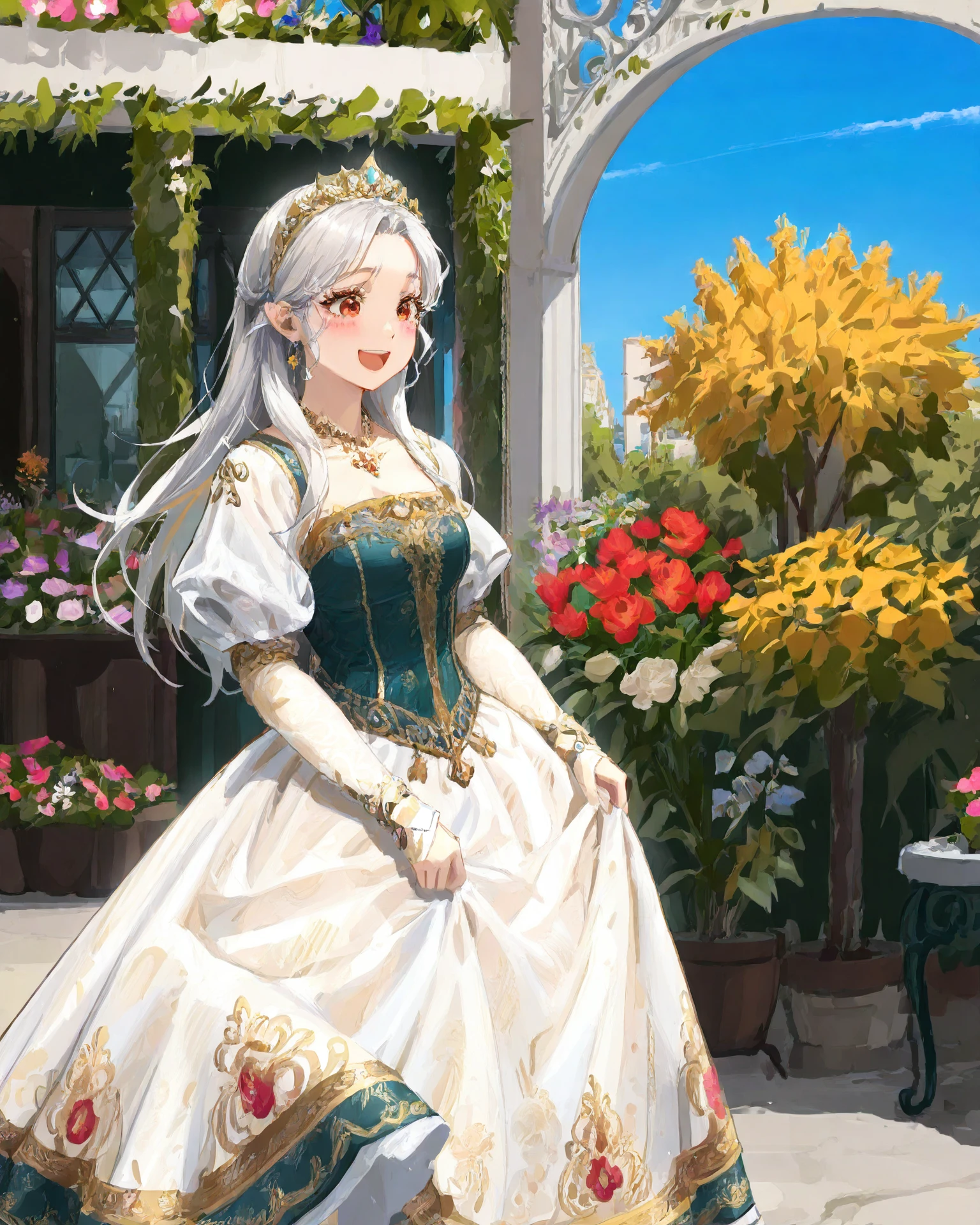 1girl, wearing medfa, medfa clothing, waist-up, long hair, excited, joyful, curtsey, flower garden, archway, delicate pearls, beautiful sky, long lashes, extremely detailed clothing, jacquard fabric, gold embroidery, gentle eyes, masterpiece, highest quality, absurdres, digital art, very detailed, 8k, best quality, high resolution, <lora:Medieval_Fashion_Illustrious:1.1>, <lora:klskx_wai:1> klskx