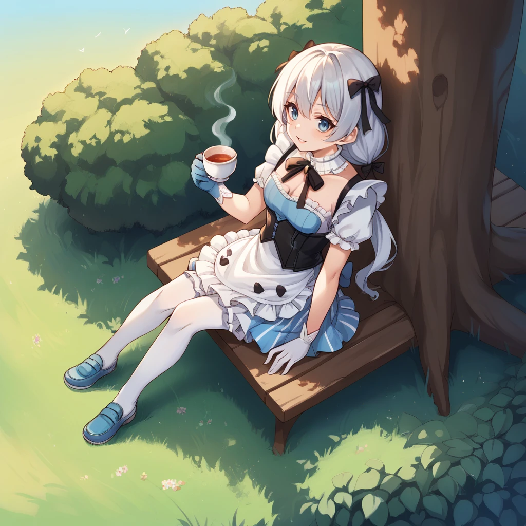 score_9_up, score_8_up, score_7_up, source_anime, 1girl, solo, sun, day, clouds, sky, sitting on grass, light blue loafers, seiza, holding tea cup, looking at you, full body, from side, from above, under tree, squirrel, birds, rabbit, fruits on ground, flowers, detailed background, bushes, sweet smile, parted lips, theresa apocalypse, white hair, blue eyes, Teri, Fol003, Tr_Ali, hair ribbon, black ribbon, black corset, corset, alt frilled skirt, alt frilled thighighs, alt white thighhighs, frilled apron, white apron, spade (shape), polka dot bow, light blue bow, light blue skirt, white underskirt, striped, cleavage, frilled blouse, light blue blouse, frills, alt neck ribbon, frilled collar, white collar, low twintails, alt miscolored gloves, alt white glove, light blue glove,