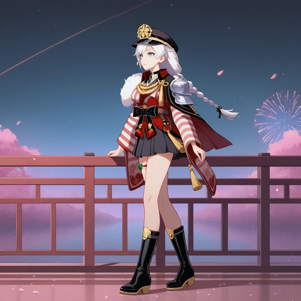masterpiece, best quality, ultra-detailed, very asthetic, year 2023, very aesthetic, newest, scenery, highres, 4k, absurdres, 8k, colorful,vibrant, glowing, perfect face, 2d, perfect eyes, detailed eyes, 1girl, solo, Chinese architecture, Chinese decor, balcony, railing, fireworks, outdoors, detailed background, night, night sky, night time, starry sky, standing, hand on railing, breeze, windy, petals, floating hair, hand in hair, looking ahead, parted lips, full body, from side, angled shot,
KalKas, black boots, Fol002, Kk_JP, white hair, long hair, braided ponytail, blue eyes, japanese clothes, aiguillette, striped shirt, o-ring, black choker, strap between breasts, collared capelet, black capelet, yellow tassel, red tassel, single pauldron, shoulder armor, fur on shoulder, striped sleeves, wide sleeves, flower thigh strap, pleated skirt, black skirt, black bow, red sash, brown belt, black headwear, military hat