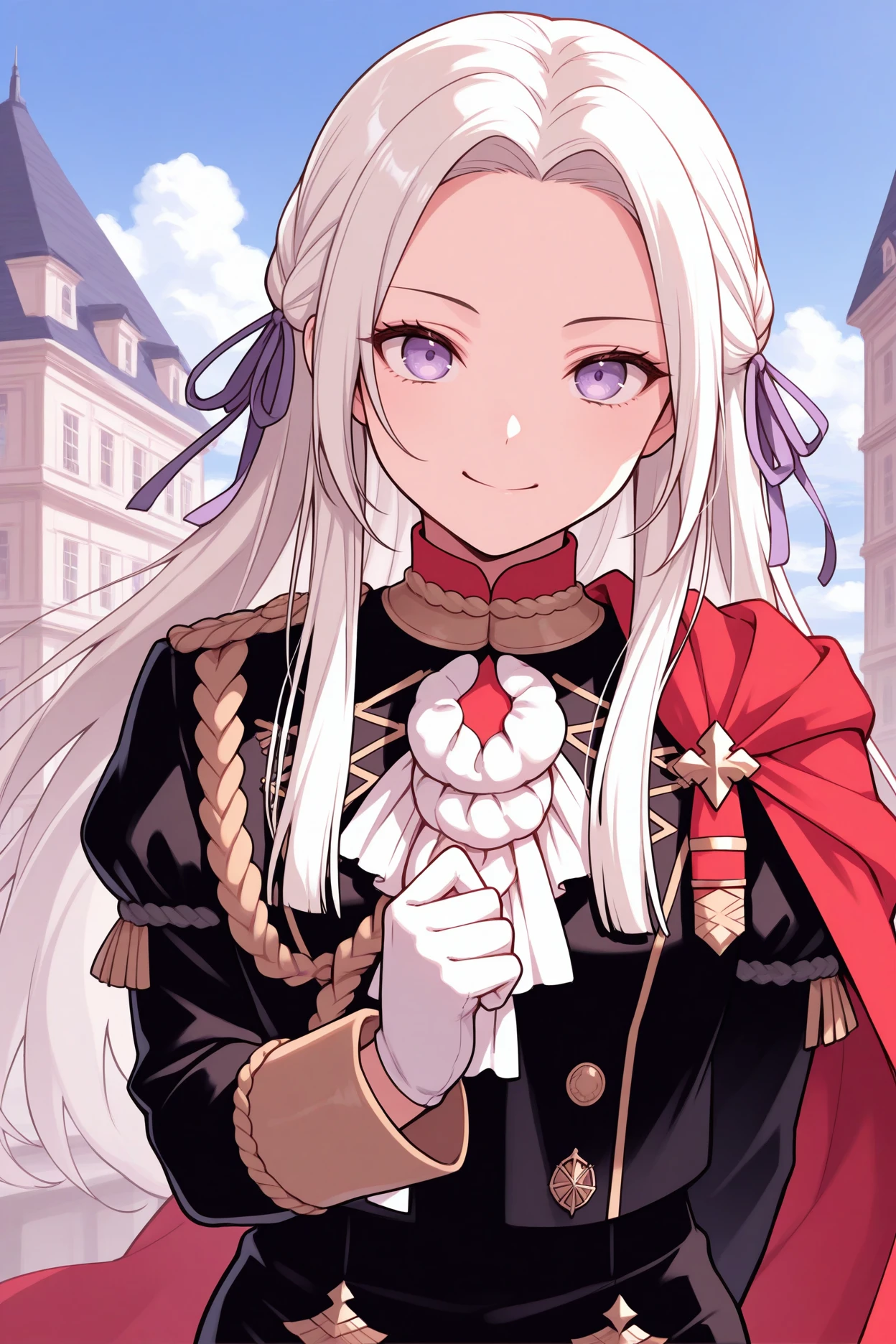 masterpiece, best quality, 1girl, solo, <lora:feedelgard-illu-nvwls-v1-000006:1> dfltedel, long hair, half updo, white hair, sidelocks, purple eyes, hair ribbon, purple ribbon, red cape, side cape, black jacket, white ascot, black shorts, high-waist shorts, white gloves, upper body, looking at viewer, smile, closed mouth, happy, blue sky, clouds, victorian architecture, facing viewer, smirk