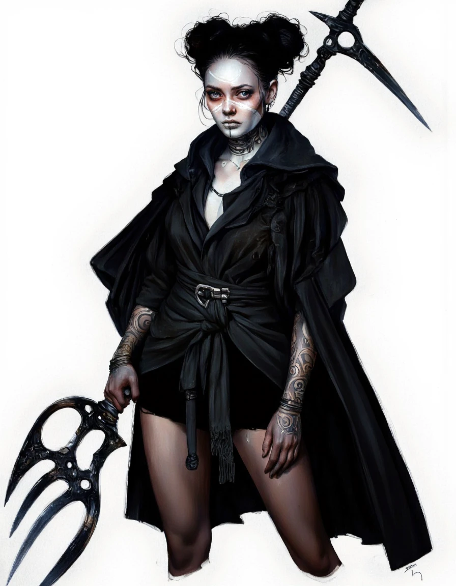 By Laura H. Rubin. A digital illustration shoot from a portrait camera angle about a character with a tribal face paint and a weapon, standing confidently in the middle of the image. the character, a woman with pale skin and dark hair styled in a high bun, is positioned in the center of the frame, wearing a black cloak with a hood that is draped over her shoulders. she has a serious expression and is looking directly at the viewer. her eyes are a striking blue color, and her lips are painted white. she is holding a large, black trident in her right hand, which is positioned to her left. the background is a plain white, and the image has a dark, moody atmosphere with a focus on the character's striking features. <lora:Laura_H._Rubin_II:0.8>