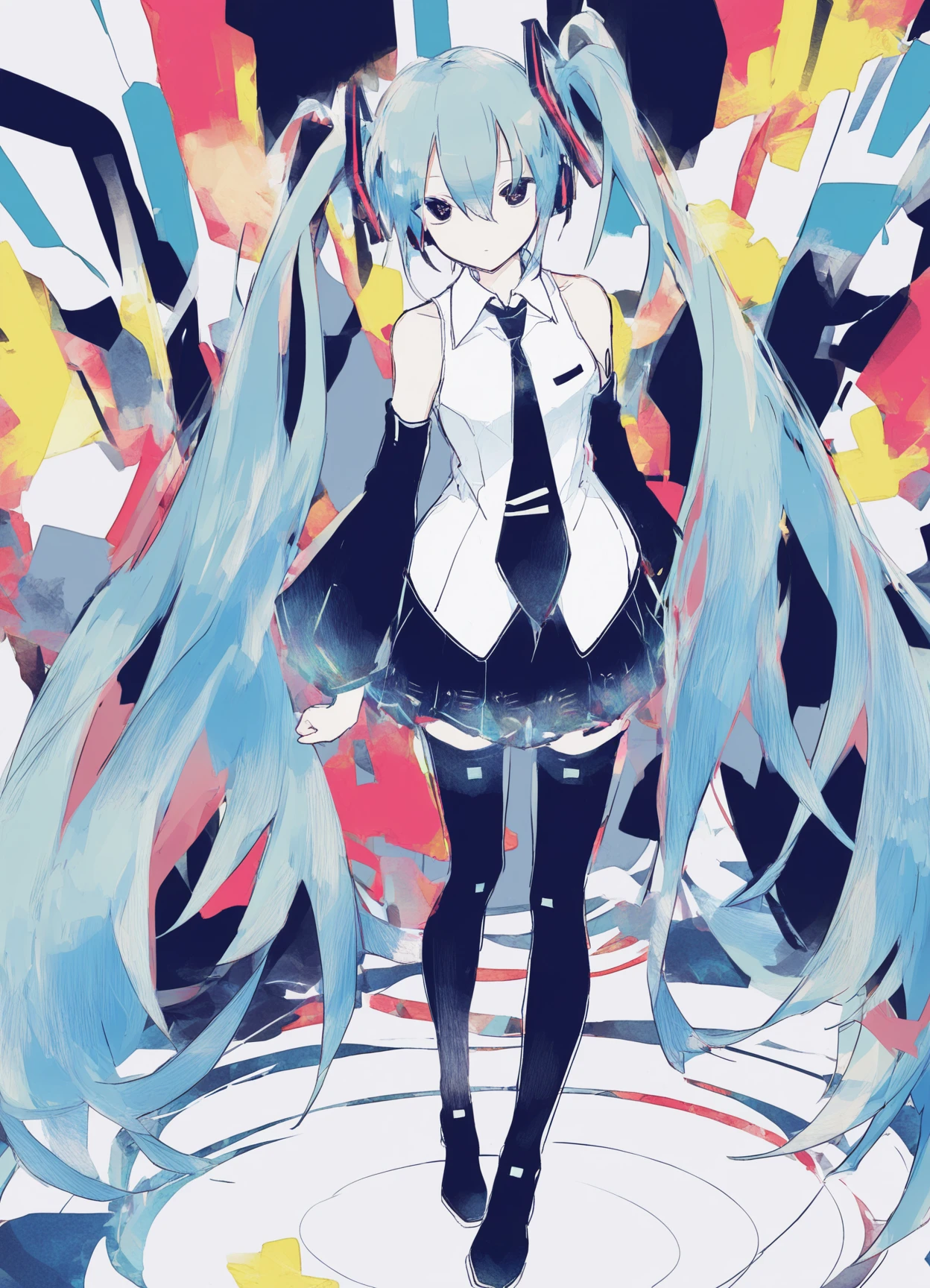 <lora:moa_(fade64222)_nb11-xl-re1-000017:1>,1girl, solo, long hair, hatsune miku, twintails, skirt, very long hair, necktie, detached sleeves, thighhighs, shirt, looking at viewer, black skirt, sleeveless, blue hair, hair ornament, hair between eyes, bare shoulders, sleeveless shirt, pleated skirt, full body, white shirt, aqua hair, standing, abstract