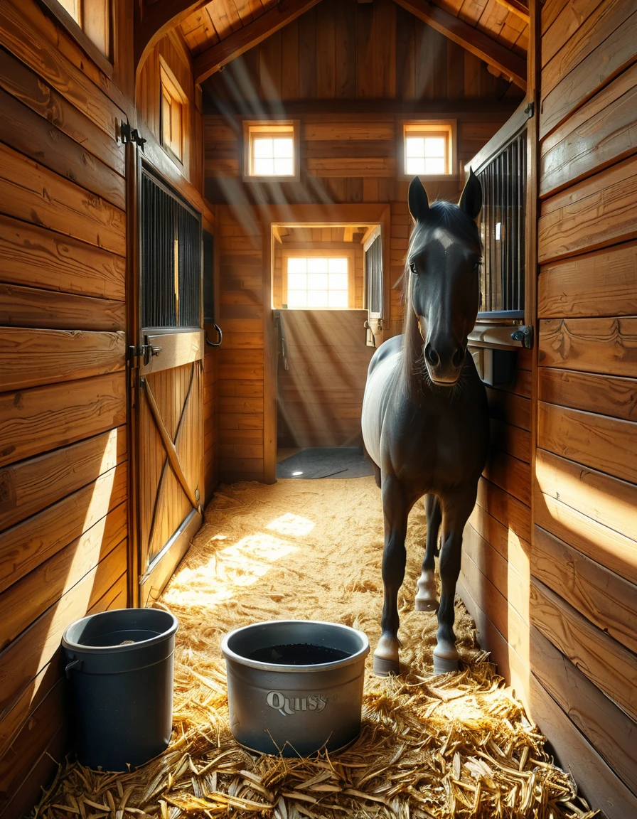 looking at viewer,A woman,straight long black hair, standing inside a rustic horse stall,h0rs3 st4ll, wearing a dusty and slightly worn denim work overall. She has a focused expression on her face.The light filtering in through the wooden slats of the barn creates a warm, golden glow, highlighting small specks of dust floating in the air. In the background, the stall walls are made of aged wooden planks, and a horseâs head can be faintly seen peeking through the open top of the adjacent stall. The atmosphere is earthy and authentic, emphasizing rural farm life. The style is realistic with high attention to detail, natural lighting, and a cozy, slightly nostalgic tone.<lora:SDXLFaeTastic2400:0.4> <lora:extremely_detailed:0.4> extremely detailed, <lora:h0rs3_st4ll:1>, Masterpiece,best quality,hi res,8k,hi res,8k,award winning,(sharp focus, intricate, highly detailed),