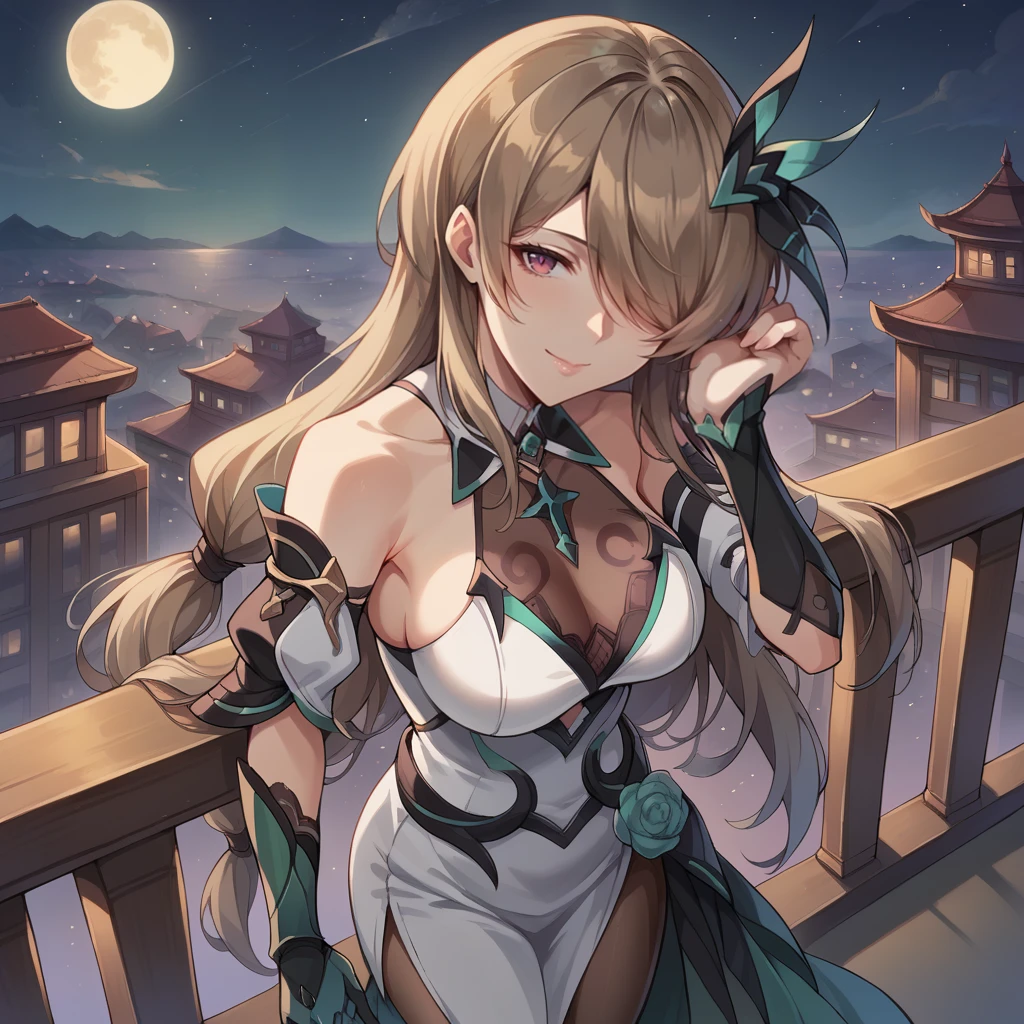 score_9_up, score_8_up, score_7_up, source_anime, 1girl, solo, moon, night, starry sky, from side, head tilt, upper body, standing, hand on railing, mature body, face focus, mysterious, balcony, flowers, looking at you, evil naughty smile, half-opened eyes, closed mouth, raised hand, hand in hair, from above, foreshortening, brown hair, (hair over one eye)++, purple eye, rita rossweisse, Rita, Fol004, Ri_Dpw, short dress, tube dress, low-tied long hair, different white dress, teal trim, single thigh boot, asymmetrical legwear, single leg pantyhose, alternate halterneck, hair ornament, alt detached collar, different detached sleeves, juliet sleeves, alt asymmetrical sleeves, alt gauntlets, teal gauntlets, alt long skirt, gradient skirt, teal skirt, open skirt,