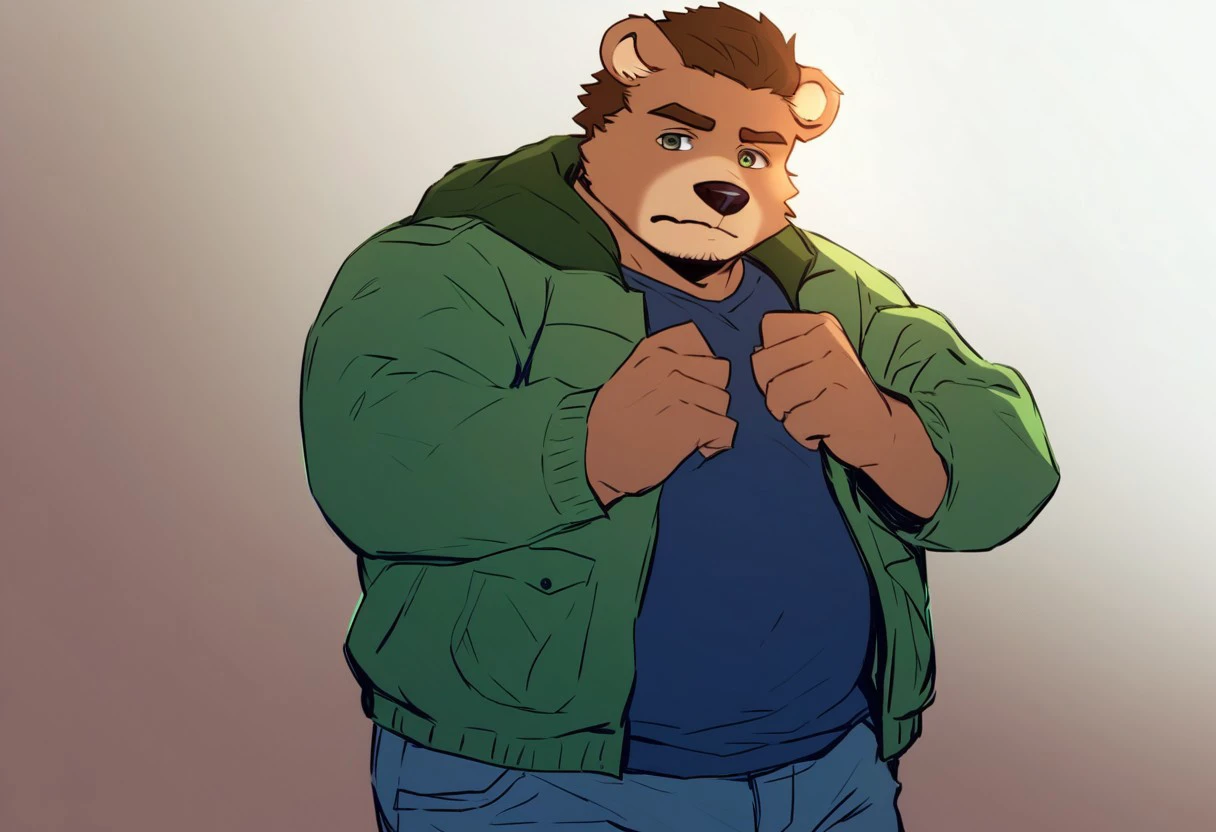 bearian, solo, green_eyes, short_hair, male, animal_ears, upper_body, muscular, thick_eyebrows, muscular_male, bara, furry, plump, furry_male, bear_ears, brown_fur, solid color fur, bear foot, chubby, five fingers,
green_jacket, jeans, empty handed, standing, shy_guy,
forest paths,
detailed background, anime artwork, anime style, key_visual, vibrant, studio anime, highly detailed,
score_9_up,score_8_up,score_7_up,score_6_up
