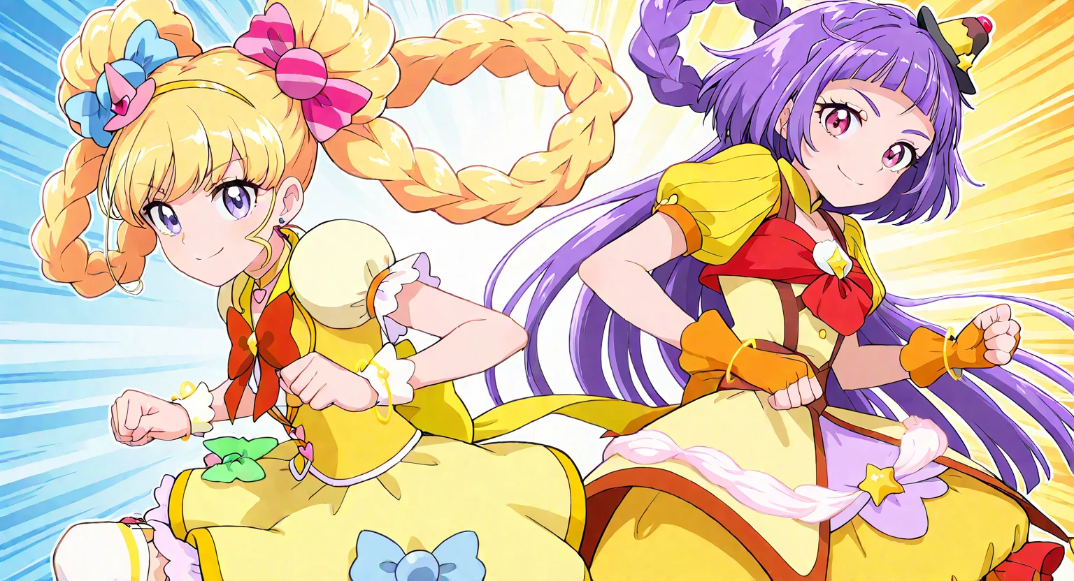 <lora:mahoutsukai_precure_all_in_one_illustXL_locon_v1:0.7> masterpiece, best quality, absurdres, very aesthetic, general, yellow background, multicolored background, 2girls,
cure miracle, cure miracle \(topaz style\), crmrcltopaz, blonde hair, (braided hair rings:1.2), long hair, shiny hair, eyebrows visible through hair, purple eyes, eyelashes, earrings, blue bow, pink bow, striped bow, hair bow, candy hair ornament, food-themed hair ornament, mini witch hat, pink headwear, tilted headwear, yellow hairband, heart hat ornament, yellow dress, yellow vest, puffy short sleeves, yellow sleeves, yellow skirt, bubble skirt, red bowtie, red neckwear, yellow choker, heart choker, dress bow, purple bow on skirt, green bow on skirt, yellow bow, back bow, frills, orange bow, wrist cuffs, bracelet, white legwear, white thighhighs, garter straps, smile, looking at viewer, from side, back-to-back, fighting stance, clenched hands, upper body,
cure magical, cure magical \(topaz style\), crmgcltopaz, purple hair, blunt bangs, shiny hair, (twin braids:1.2), (hair rings:1.2), very long hair, mini witch hat, food-themed hair ornament, yellow headwear, black headwear, tilted headwear, (pudding hair ornament:1.2), yellow hairband, star hat ornament, purple eyes, pink eyes, eyelashes, eyebrows visible through hair, yellow dress, layered dress, puffy short sleeves, collarbone, yellow choker, red bowtie, red neckwear, brooch, orange gloves, fingerless gloves, wrist cuffs, bracelet, yellow skirt, layered skirt, frilled skirt, bubble skirt, whipped cream, star ornament, back bow, orange bow, yellow legwear, kneehighs, smile, looking at viewer, from side, back-to-back, fighting stance, clenched hands, upper body,