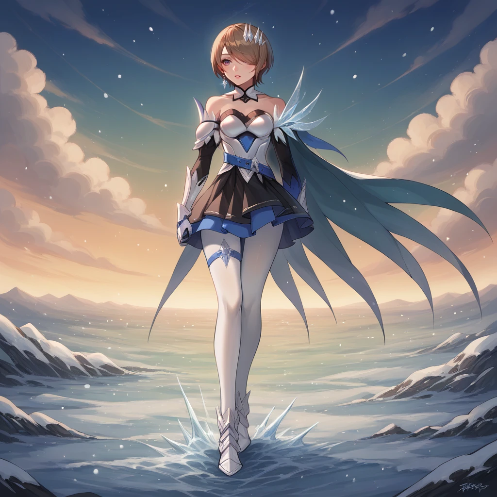 score_9_up, score_8_up, score_7_up, source_anime, 1girl, solo, frozen city, frozen walls, ice, snowing, blizzard, walking, full body, angled shot, looking ahead, detailed background, cinematic, close up, cloudy, white footwear, armored boots, focused, parted lips, strong wind, brown hair, hair over one eye, purple eyes, rita rossweisse, short hair, Rita, Fol002, Ri_Agk, alt strapless dress, black dress, two-tone skirt, alternate black skirt, blue skirt, alt pleated skirt, chestplate, cleavage, blue belt, white gloves, short gloves, alt armored gloves, blue crown, single earring, detached collar, bare shoulders, blue cape, short cape, alternate detached sleeves, armored sleeves, short sleeves, white armor, clothing cutout, white pantyhose, alt pantyhose, blue thigh strap, single knee pad,