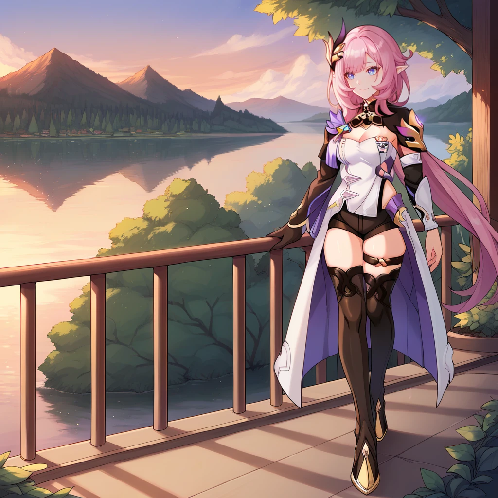 score_9_up, score_8_up, score_7_up, source_anime, 1girl, solo, windy, clouds, day, sunset, sky, floating hair, railing, walking, looking to side, gentle smile, hand on railing, closed mouth, angled shot, bushes, trees, foreshortening, full body, stone ledge, forest, elysia (honkai impact), Elys, Fol001, thigh boots, black footwear, Ely_Def, pointy ears, long hair, low ponytail, pink hair, blue eyes, strapless shirt, white shirt, shrug (clothing), black shrug, cleavage, jewelry, purple trim, hair ornament, asymmetrical sleeves, black sleeves, single wide sleeve, single detached sleeve, single gauntlet, white gauntlet, single pauldron, asymmetrical clothes, short shorts, black shorts, side cutout, white skirt, long skirt, open skirt, purple skirt, thigh strap, single glove, black glove,