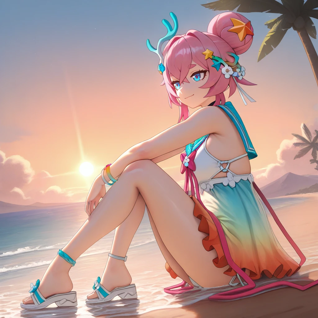masterpiece, best quality, ultra-detailed, very asthetic, year 2023, very aesthetic, newest, scenery, highres, 4k, absurdres, 8k, colorful,vibrant, glowing, perfect face, 2d, perfect eyes, detailed eyes, 1girl, solo, beach, ocean, outdoors, palm trees, rocks, pebbles, detailed background, evening, sun, sky, clouds, sitting on sand, shallow water, looking to side at sunset, gentle smile, closed mouth, leaning backwards, bend knee, from side, angled shot, full body, sandals,
pink hair, blue eyes, RozLil,Fol001, Rzl_Cor, thick eyebrows, pink long ribbon, alt chest bow, ribbon bow, sundress, gradient skirt, see-through skirt, sailor dress, light blue sailor collar, white top, white bikini bottom, bikini bottom only, pink o-ring chocker, bracelets, single hair bun, coral hair ornament,