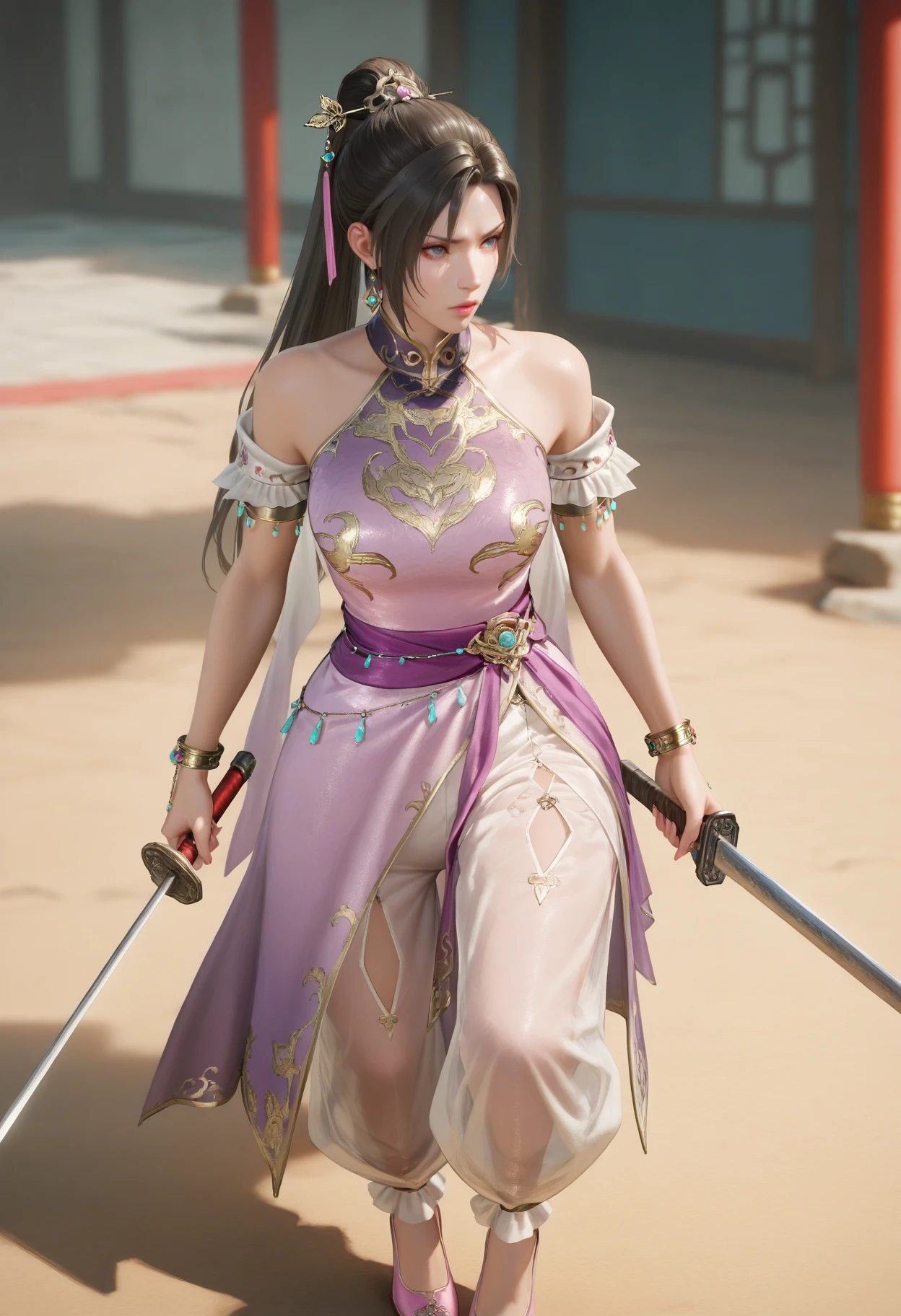 masterpiece, best quality, realistic,
1girl, solo,
 <lora:Diaochan [IL]:0.8> diaochan, 1girl, jewelry, earrings, black hair, blue eyes, long hair, ponytail, hair ornament||, bare shoulders, dress, purple dress, bracelet, chinese clothes, || puffy pants, pink shoes, 
holding weapon,  sword,
fight scene,