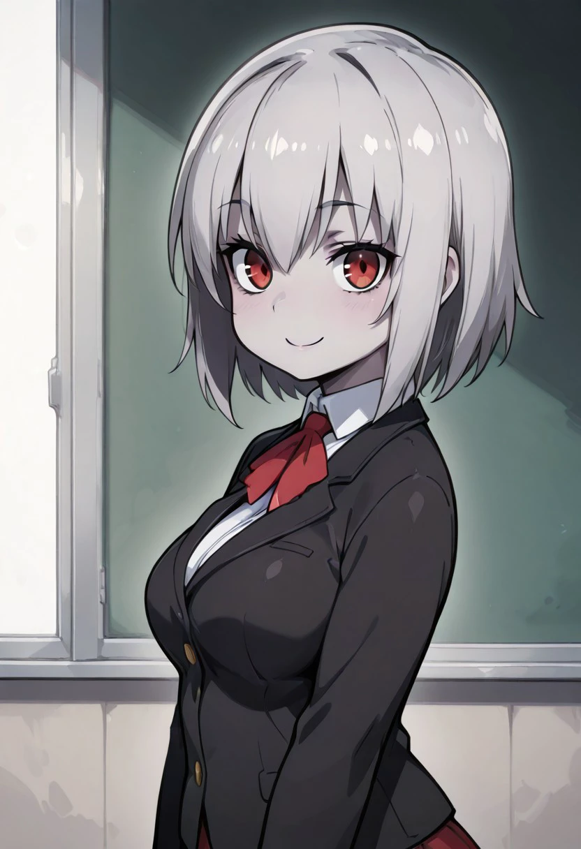 masterpiece, best quality, 1girl, solo, medium breasts,
zzTeraphiCitron, red eyes, grey hair, grey skin, pale skin, short hair, school uniform, black blazer, red skirt,
upper body, side view, smile, looking at viewer, shiny skin,