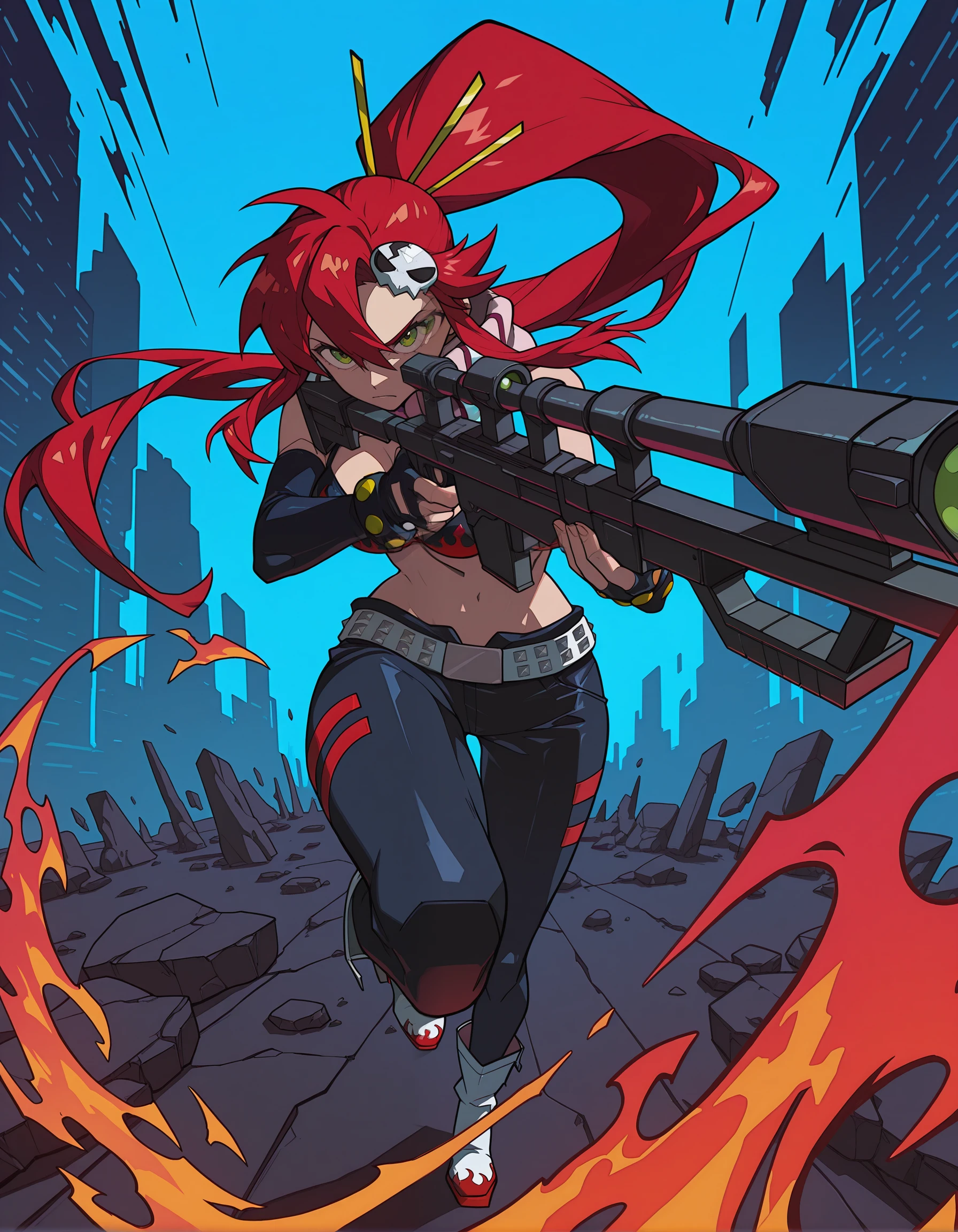 incredibly absurdres, masterpiece, absurdres, high quality,7A3IFRHPR_illu, <lora:hwm4to7A3IFRHPR:1>,yoko littner, red hair, bright green eyes, fierce expression,holding sniper rifle, studded belt, exposed midriff, dynamic pose, vibrant colors, blue background, detailed illustration, digital art style, action-packed, sci-fi aesthetic, cyberpunk influence, bold contrasts, energetic composition,abstract background, dynamic_pose,synamic composition,vibrant colors,flames