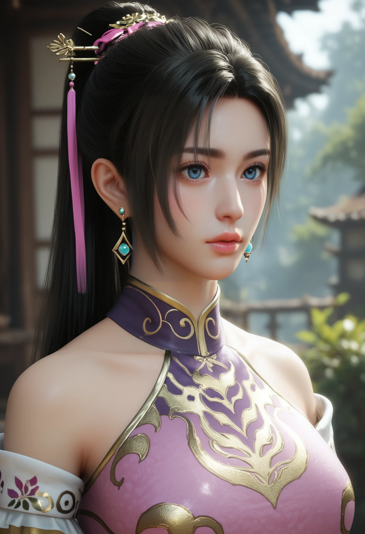 score_9_up, score_8_up, score_7_up, score_6_up, score_5_up, score_4_up,realistic, strong lighting,
1girl, solo, portrait, 
 <lora:Diaochan [pony]:0.6> diaochan, 1girl, jewelry, earrings, black hair, blue eyes, long hair, ponytail, hair ornament
glistening eyes, glossy lips,