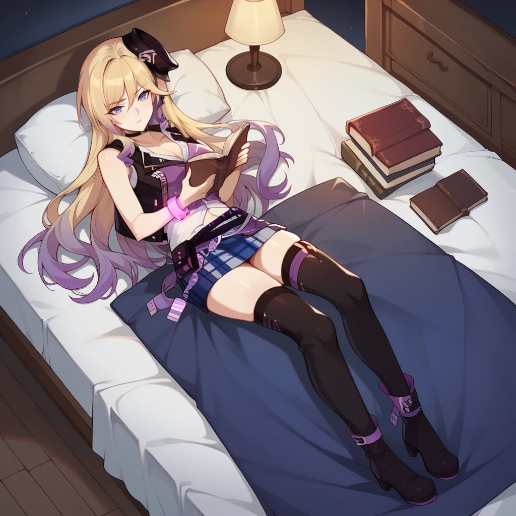 score_9_up, score_8_up, score_7_up, source_anime, 1girl, solo, girls' bedroom, lying back on bed, head on pillow, holding book, reading, confused, detailed background, from above, full body, pensive, raised eyebrow, dimmed light, lamp, from side, angled shot, bend knee, night, blonde hair, blue hair, drill hair, long hair, Durandal, Fol001, Du_Str, blonde hair, purple hair, gradient hair, drill hair, alt black headwear, black choker, peaked cap, miniskirt, sleeveless shirt, asymmetrical legwear, alt white shirt, open shirt, cropped shirt, black vest, cropped vest, sleeveless vest, cleavage, purple necktie, short necktie, plaid skirt, blue skirt, purple apron, jewelry, belt pouch, purple belt, navel, bare shoulders, alt single fingerless glove, single elbow glove, purple bracelet, single thighhigh, black thighhighs, alt thigh boots, alt black footwear,