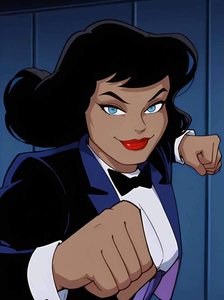 <lora:PepePunchMeme_illusXLNoobAI_Incrs_v1:1>, <lora:Zatanna_-_Batman_Animated_Illustrious_v2:0.9>, <lora:takeda_hiromitsu_style_illustrious_goofy:0.6>, zanbtas, IncrsPunchMeme, incoming attack, punching, bright blue eyes, black hair, tuxedo jacket, white shirt, purple cummerbund, black bowtie, smile, lipstick, makeup, red lips