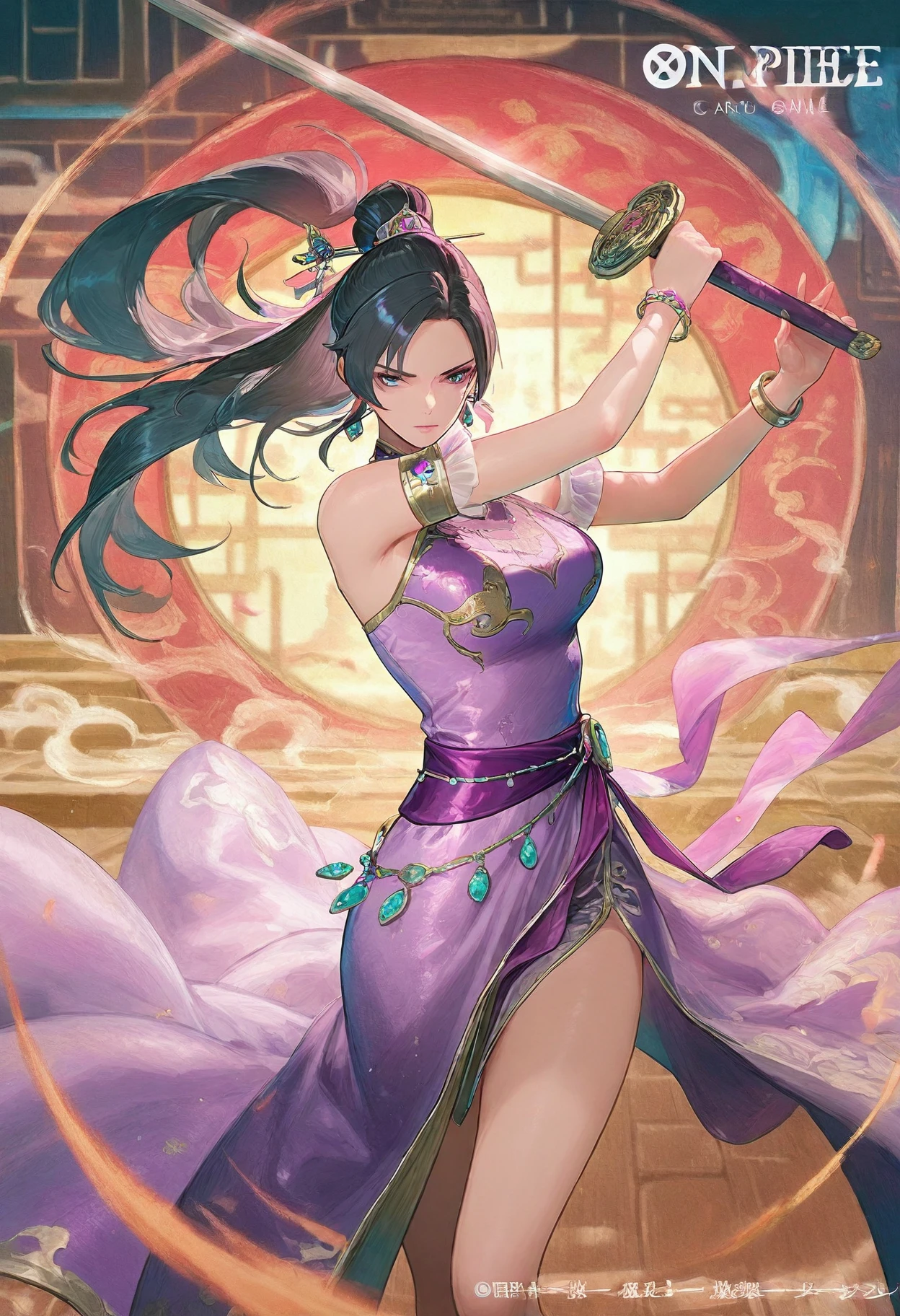 masterpiece, best quality,
1girl, solo,
 <lora:One piece card game artstyle [IL]:1.2> opcgstyle,  art, official art, concept art
 <lora:Diaochan [IL]:0.85> diaochan, 1girl, jewelry, earrings, black hair, blue eyes, long hair, ponytail, hair ornament||, bare shoulders, dress, purple dress, bracelet, chinese clothes, 
holding weapon, sword, dynamic pose,