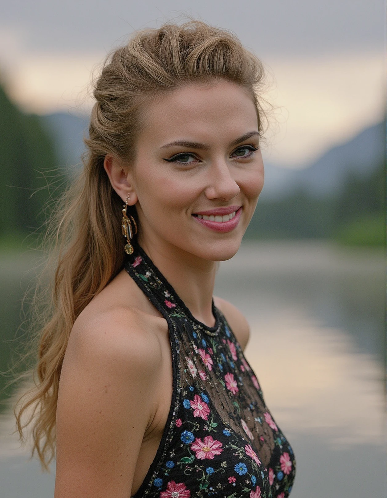 Breathtaking medium shot photography of ohwx, (Halter neck top with open back and floral embroidery:1.3) , beneath the embrace of the celestial tapestry,Green valleys are crossed by crystal-clear rivers,Sunset sky reflected in a still lake,soft lighting, upper body shot, smile, (upper body framing:1.3), sensual lips, eyelashes, fine hair detail, perfect eyes, iris pattern, eyes makeup, (perfectly sharp:1.3), (head to shoulders composition:1.4), realistic textures, (deep focus:1.1), negative space around subject, 8k uhd, dslr, ultra high quality image, film grain, Fujifilm XT3