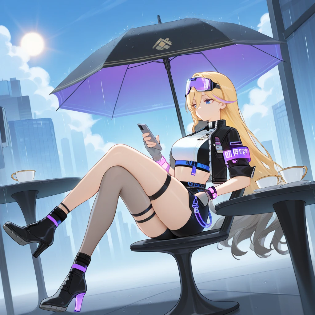 masterpiece, best quality, ultra-detailed, very aesthetic, detailed background, year 2023, very aesthetic, newest, scenery, highres, 4k, absurdres, 8k, colorful,vibrant, glowing, perfect face, 2d, perfect eyes, detailed eyes,
1girl, solo, detailed background, day, sun, sky, clouds,
city, futuristic city, cafe, outdoors, sitting on chair, crossed legs, tea on table, under umbrella, raining, angled shot, full body, bored, holding phone, hand in pocket, looking at phone, high heel boots, blonde hair, blue eyes, long hair, Durandal, Fol002, Du_Glh, blonde hair, alt gradient hair, streaked hair, crop top, two-tone shirt, black shirt, alternate white shirt, multiple belts, blue belt, waist belt, turtleneck, black belt, goggles, purple goggles, cropped jacket, alt black jacket, alt open jacket, sleeves rolled up, purple armband, red armband, alternate single fingerless glove, grey glove, short shorts, black shorts, multiple thigh straps, alt single thighhigh, brown thighhighs,