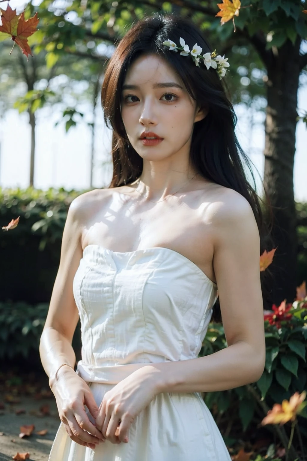 Best quality, masterpiece, ultra high res, (photorealistic), raw photo,1girl, small waist, cowboy shot,solo, realistic, dark forest, sun light, wedding dress,flowers, windy, falling leaves,
, <lora:makina69_nuanyang_v1.0:1>