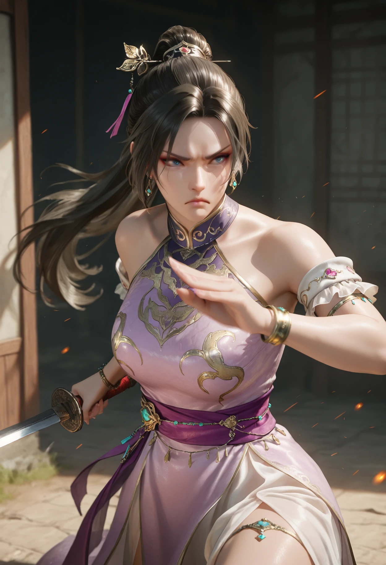 masterpiece, best quality, realistic,
1girl, solo,
 <lora:Diaochan [IL]:0.7> diaochan, 1girl, jewelry, earrings, black hair, blue eyes, long hair, ponytail, hair ornament||, bare shoulders, dress, purple dress, bracelet, chinese clothes,
dark environment, holding sword, frown,  fighting stance, battle, fight scene, motion blur, 
 <lora:realistic filter [IL]:0.4> realistic