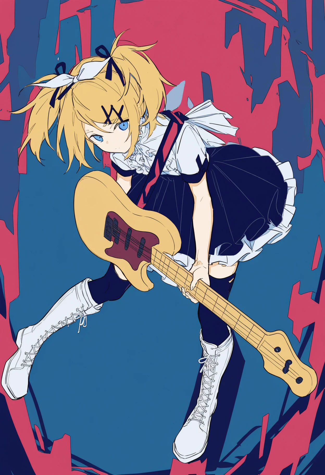 1girl, blonde hair, kagamine rin, solo, instrument, thighhighs, guitar, twintails, boots, blue eyes, skirt, bass guitar, black thighhighs, holding, hair ornament, shirt, ribbon, looking at viewer, hair ribbon, black skirt, scar, white shirt, hairclip, frills, white footwear, short sleeves, holding instrument, electric guitar, knee boots, alternate hairstyle, dress<lora:moa_(fade64222)_nb11-xl-re1-000017:1>,