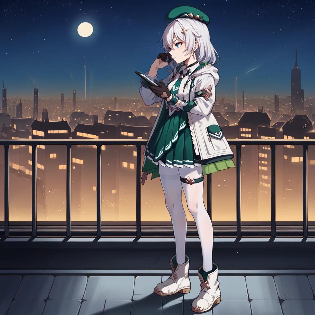 score_9_up, score_8_up, score_7_up, source_anime, 1girl, solo, rooftop, standing, leaning against railing, looking at phone, bored, hand on railing, angled shot, holding phone, frown, from side, foreshortening, full body, cityscape, night, night sky, starry sky, moon, neon lights, skyscrapers, theresa apocalypse, white hair, blue eyes, Teri, Fol003, Tr_Vrk, alt beret, dark green beret, collared shirt, alt white shirt, green necktie, alt pleated skirt, layered skirt, dark green skirt, hooded jacket, open jacket, earrings, black choker, pantyhose, (white pantyhose)++, dark green thigh strap, hairclip, alternate miscolored gloves, alternate white glove, black glove, alternate long sleeves, dark green sleeve cuffs, white jacket, white ankle boots