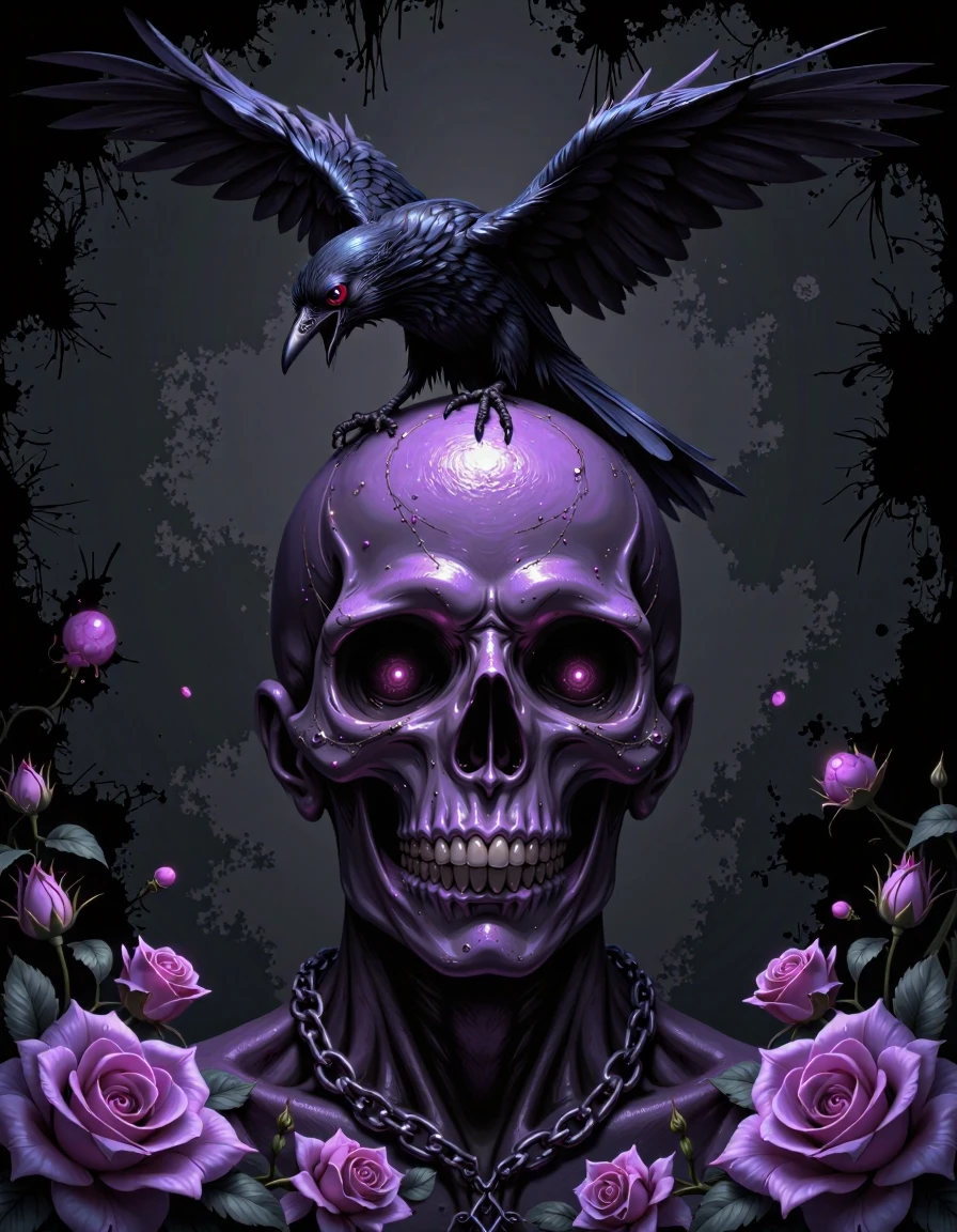 The image is a digital art piece that features a skull with a chain around its neck. The skull is purple in color and is surrounded by purple roses. The background is black with a grungy texture, giving the image a dark and eerie feel. On top of the skull, there is a black crow with its wings spread wide, perched on a chain. The crow's beak is open, as if it is about to take flight. The overall mood of the image is dark and mysterious.