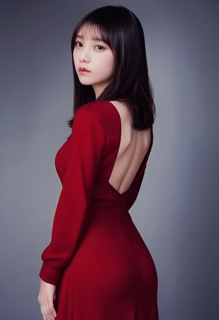 score_9,score_8_up,score_7_up,8k,hd,realistic,real life,(photorealistic),detailed,realism,1girl,solo,perfect lighting,portrait,(film grain:1.3),soft focus,soft light,blurry background,from behind,medium breasts,<lora:yodachan_v4_novaa50_3150-000040:1>,yodachan,looking at viewer,long hair,bangs,black hair,brown eyes,mole,parted bangs,(shortstack:0.6),(red dress),(long sleeves:1.4),bare back,looking back,dark room,(black background),