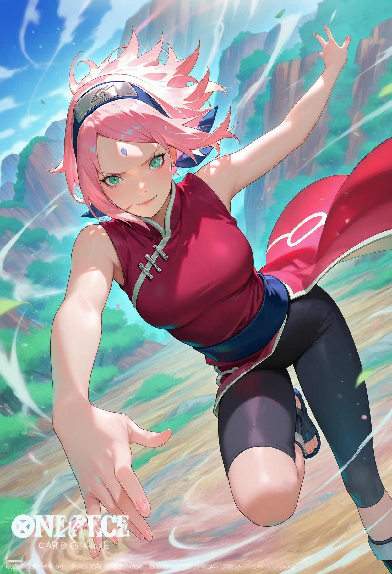 masterpiece, best quality, 
1girl, solo,  
 <lora:One piece card game artstyle [IL]:1.5> opcgstyle, art, official art, concept art , dynamic angle, dynamic pose, 
haruno_sakura, naruto_(series), 1girl, pink_hair, green_eyes