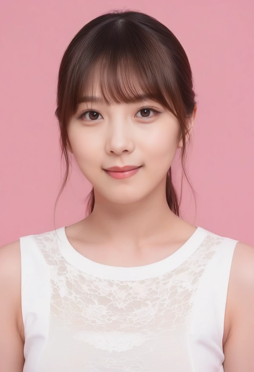 score_9,score_8_up,score_7_up,8k,hd,realistic,real life,photorealistic,detailed,realism,1girl,solo,eyelashes,eye make,straight hair,looking at viewer,<lora:yodachan_v4_novaa50_3150-000040:0.7>,yodachan,bangs,brown hair,(half updo),bust shot,realism,simple background,pink background,(medium breasts:1.5),(fully clothed),(looking at viewer:1.2),smile,low lighting,plain neck,stand neck shirt,lace,